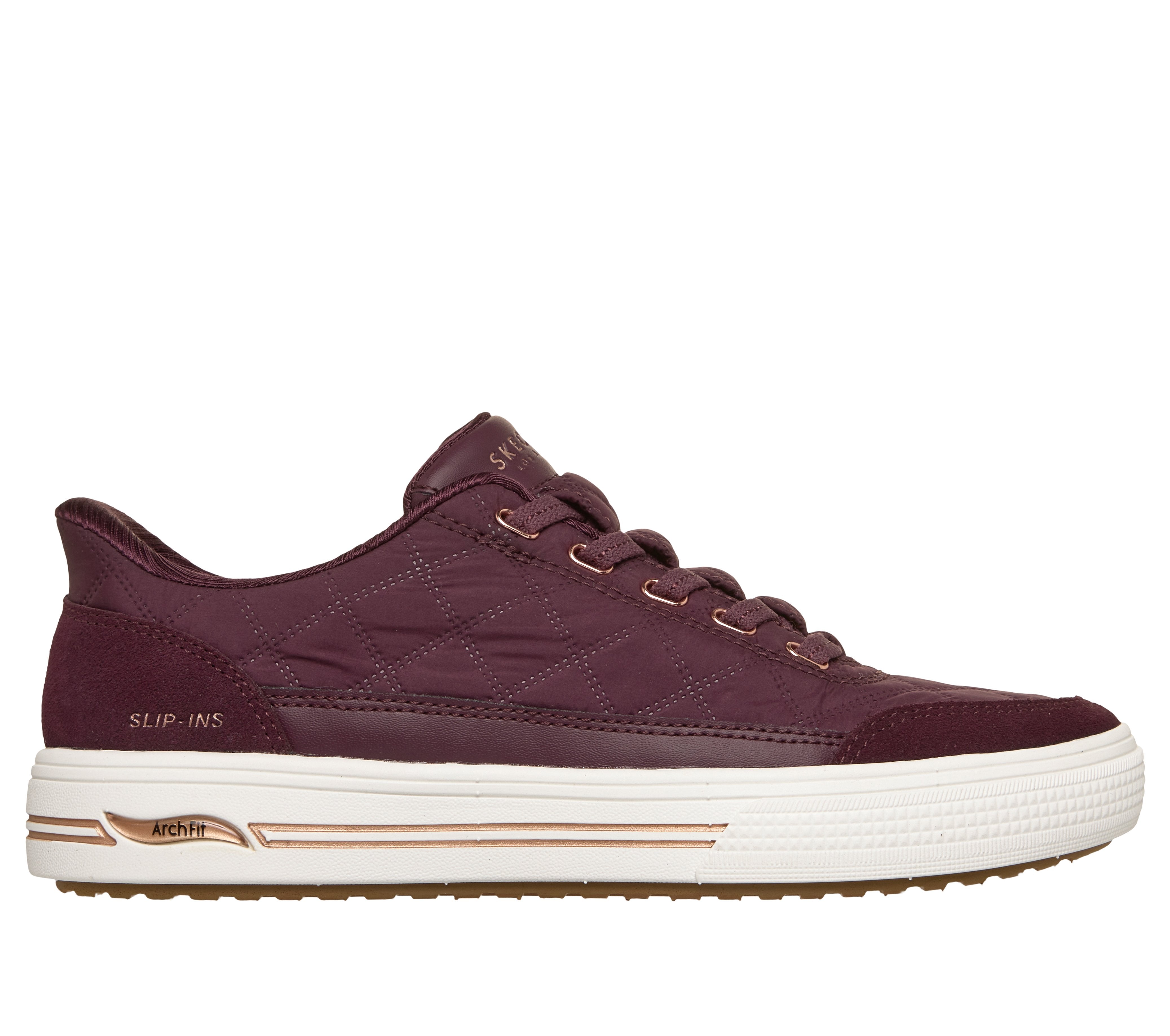 Skechers 177209 Arch Fit Arcade-Cuddle Steps Ladies Wine Cozypoly Textile Trainers, front three-quarter view.