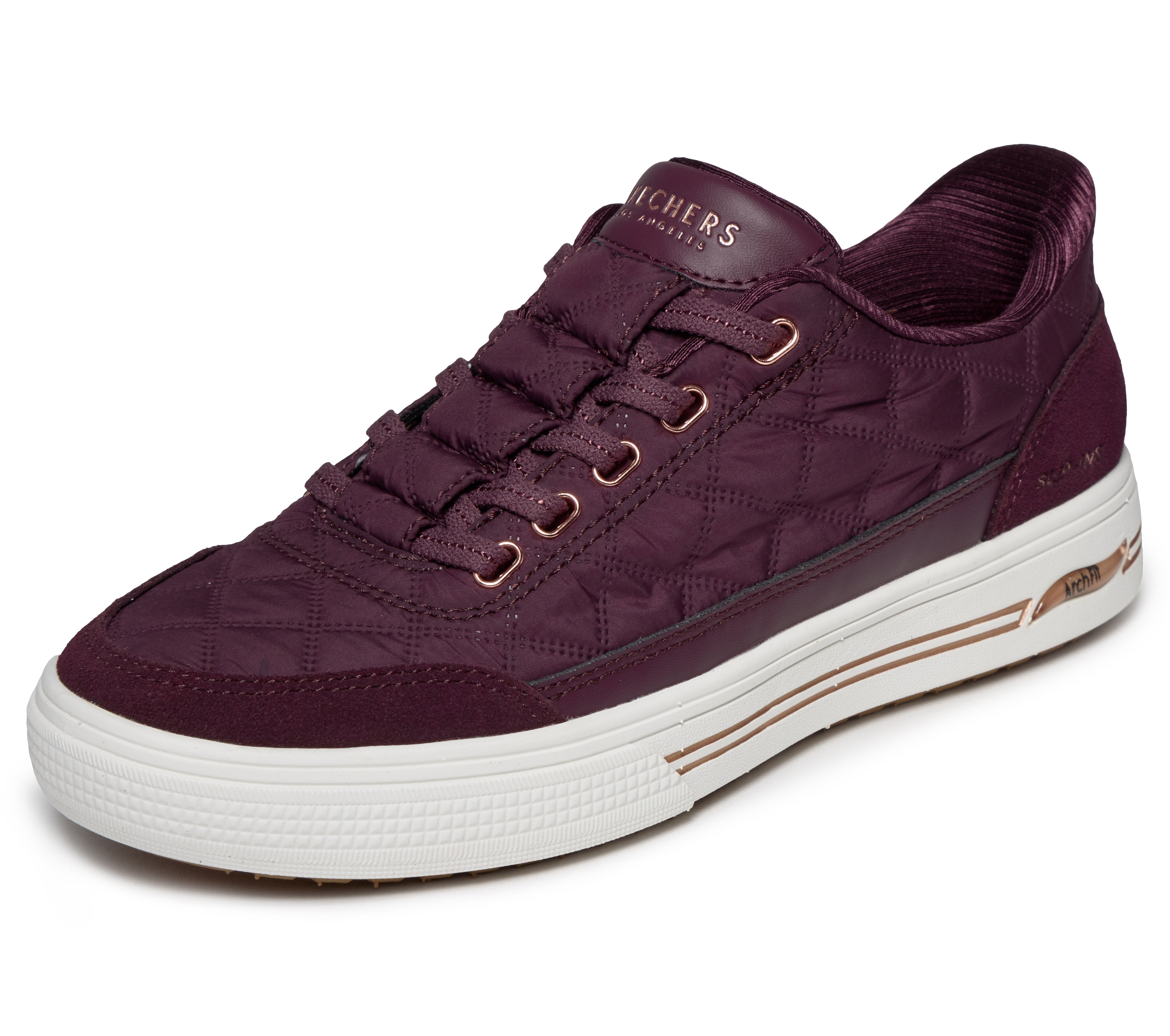Skechers 177209 Arch Fit Arcade-Cuddle Steps Ladies Wine Cozypoly Textile Trainers, left side view.