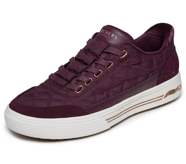 Skechers 177209 Arch Fit Arcade-Cuddle Steps Ladies Wine Cozypoly Textile Trainers, left side view.