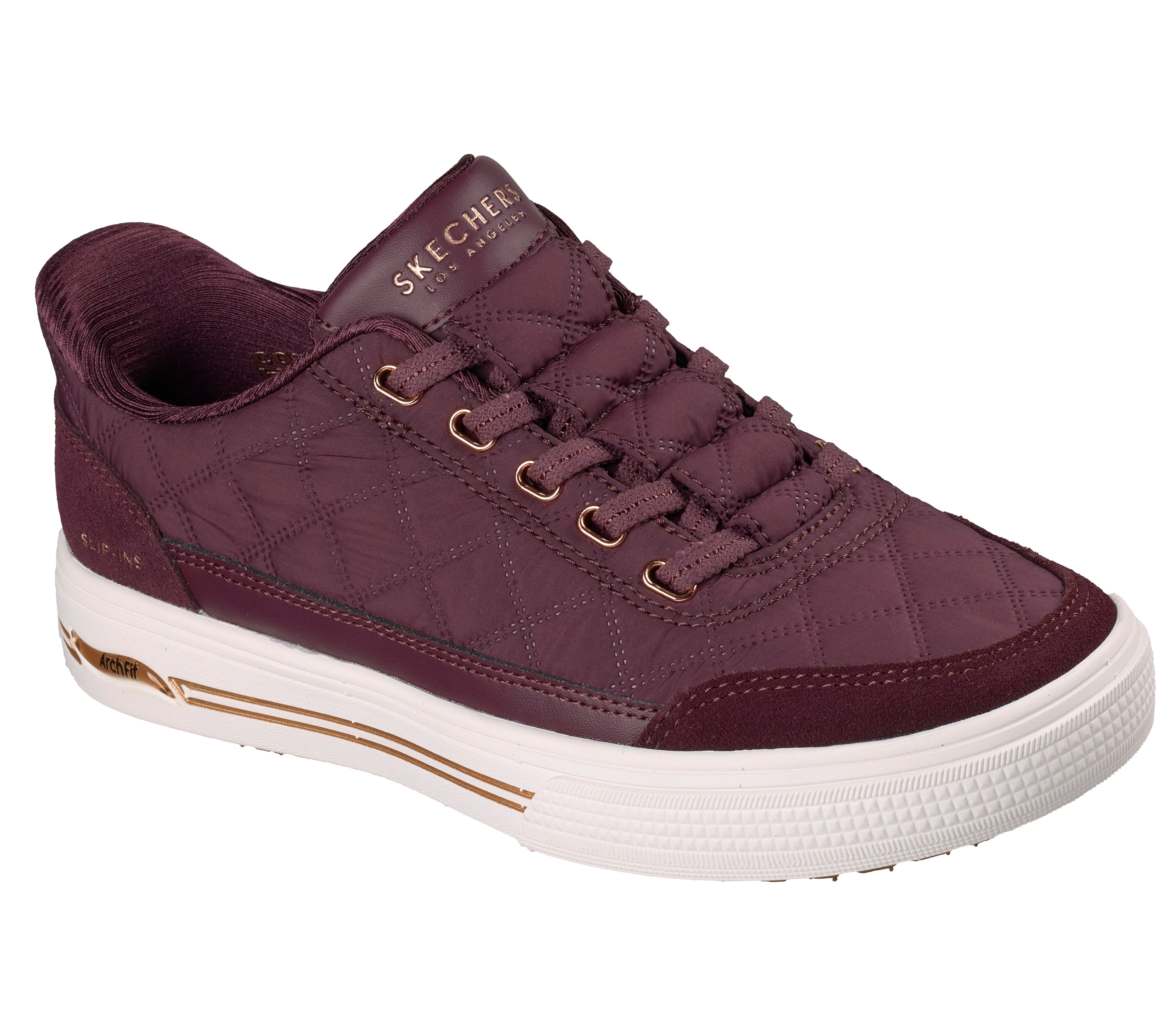 Skechers 177209 Arch Fit Arcade-Cuddle Steps Ladies Wine Cozypoly Textile Trainers, outer side view.