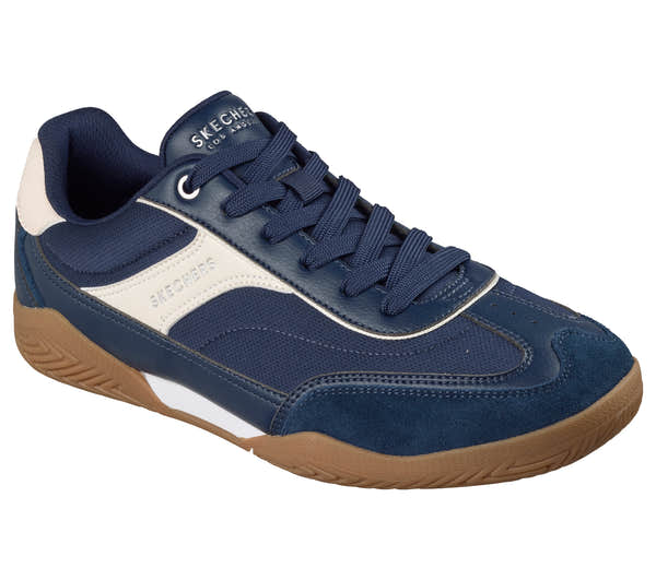Skechers 183410 Zinger Evo Mens Navy Textile Trainers, outer side view.