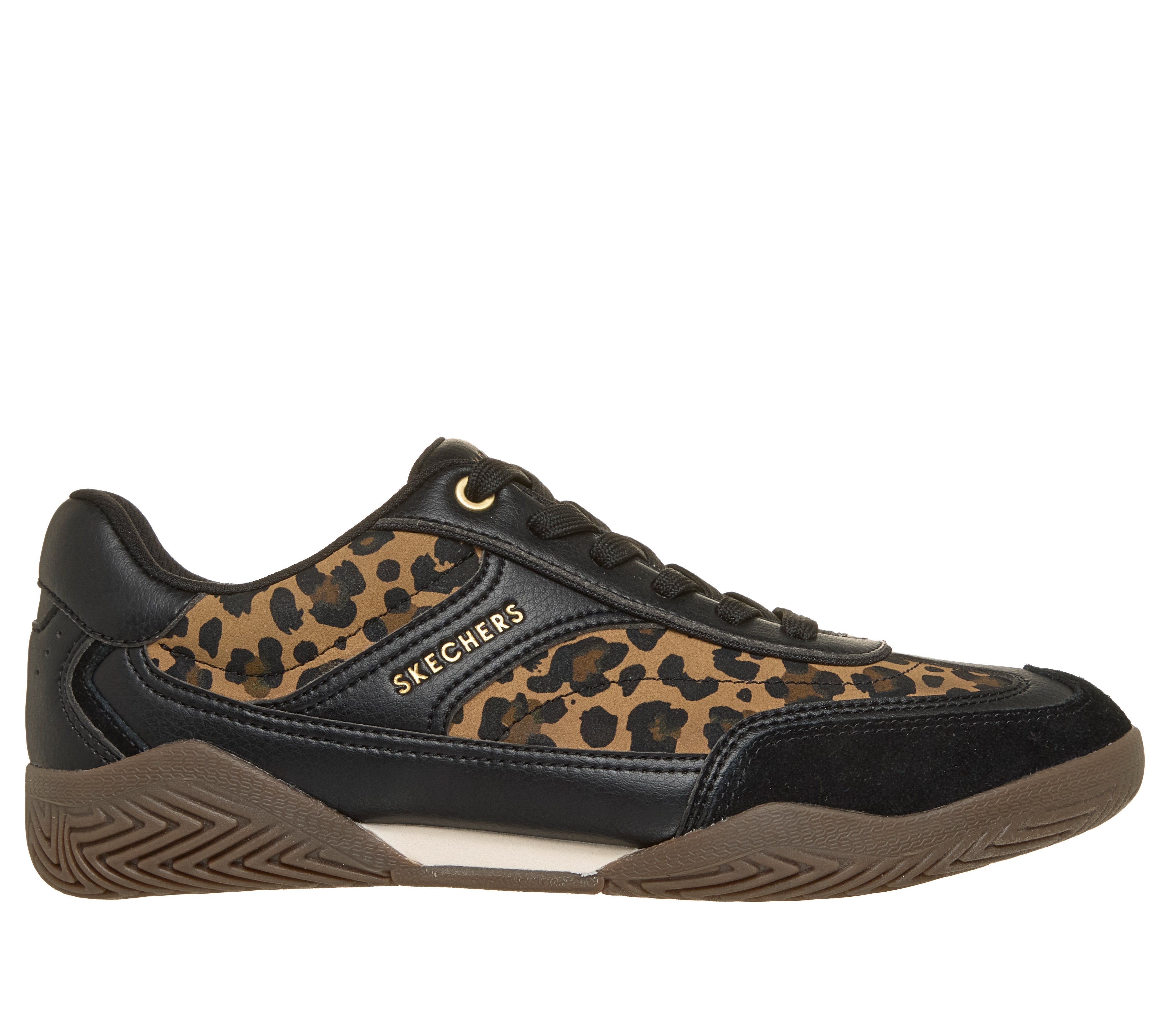 Skechers 190153 Zinger Evo-World Striker Ladies Black Leopard Textile Trainers, front three-quarter view.