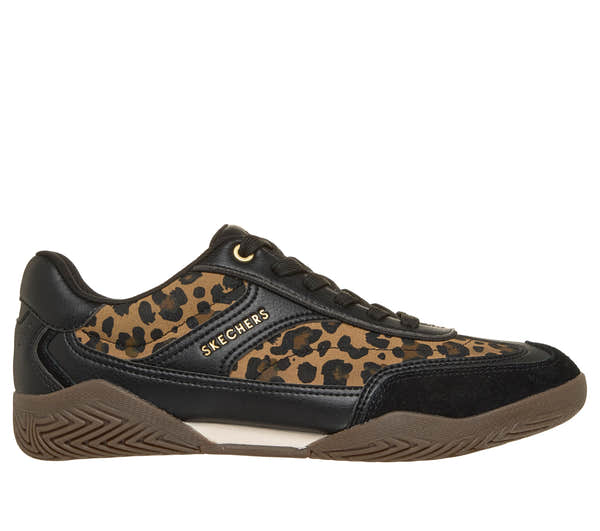 Skechers 190153 Zinger Evo-World Striker Ladies Black Leopard Textile Trainers, front three-quarter view.