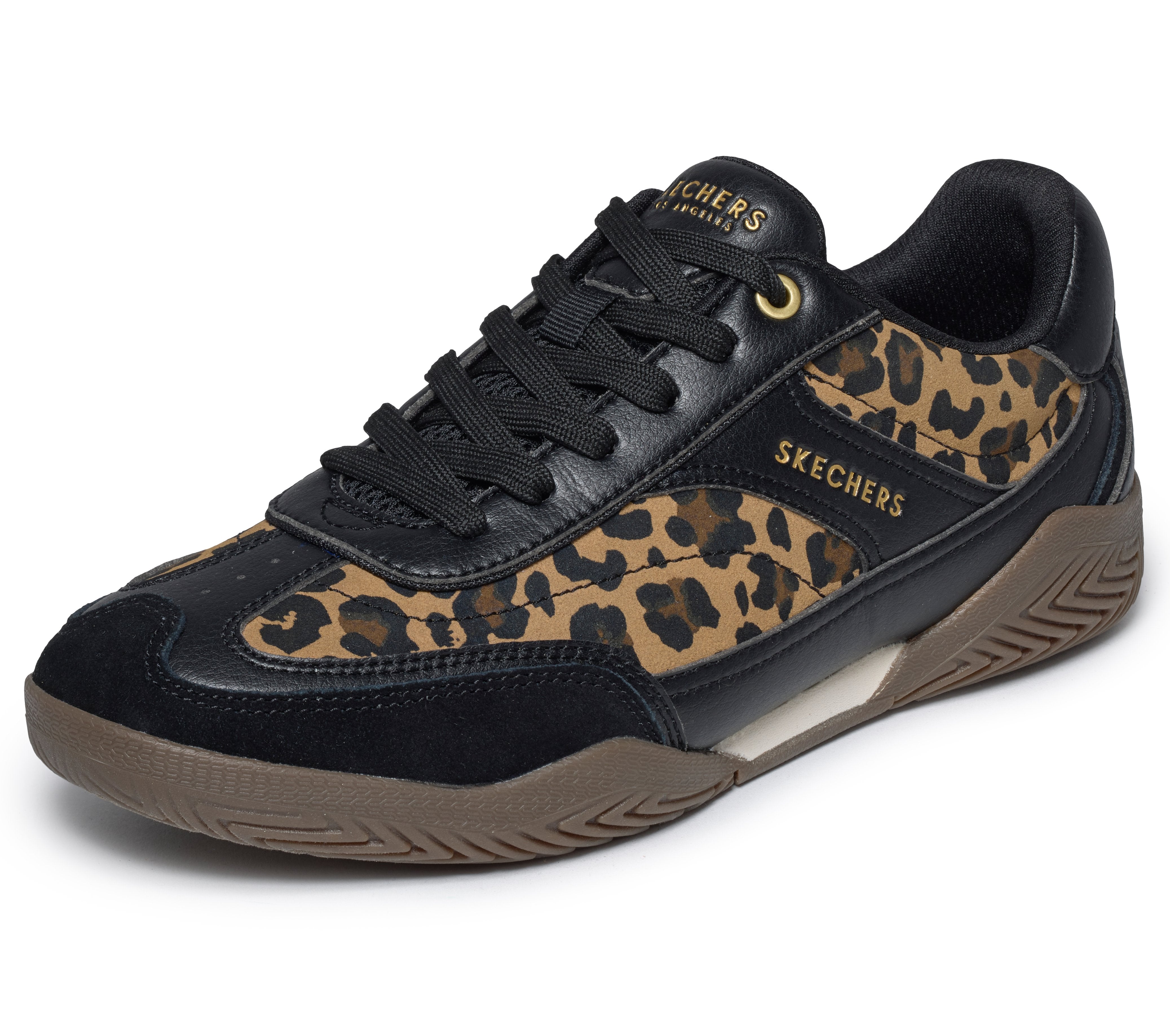 Skechers 190153 Zinger Evo-World Striker Ladies Black Leopard Textile Trainers, left side view.