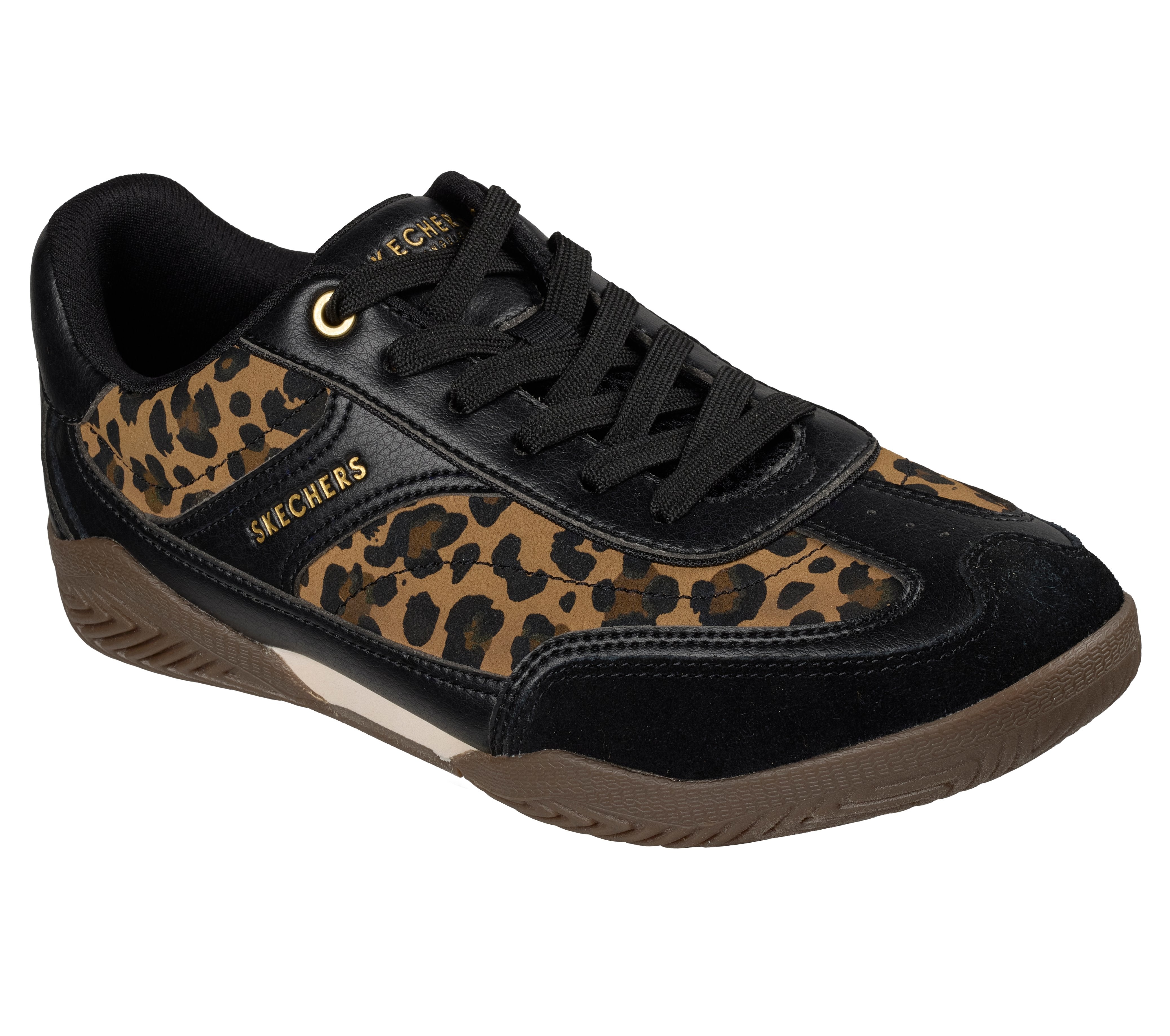 Skechers 190153 Zinger Evo-World Striker Ladies Black Leopard Textile Trainers, outer side view.