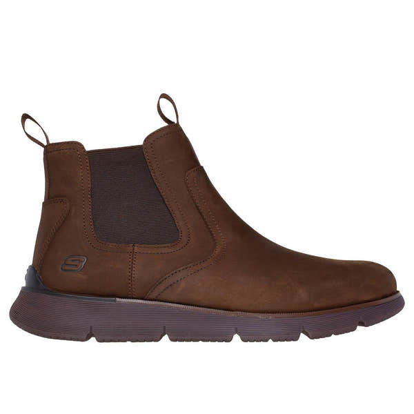 Skechers 205227 Augustino - Paulo Mens Chocolate Brown Leather Arch Support Pull On Ankle Boots, front three-quarter view.