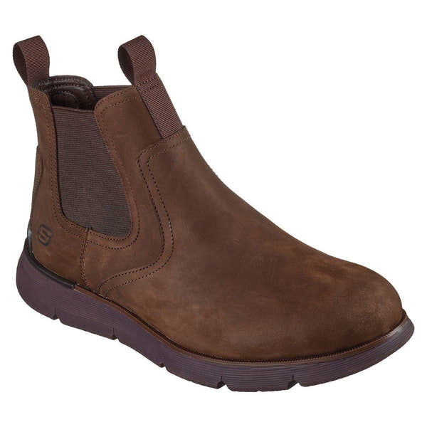 Skechers 205227 Augustino - Paulo Mens Chocolate Brown Leather Arch Support Pull On Ankle Boots, outer side view.