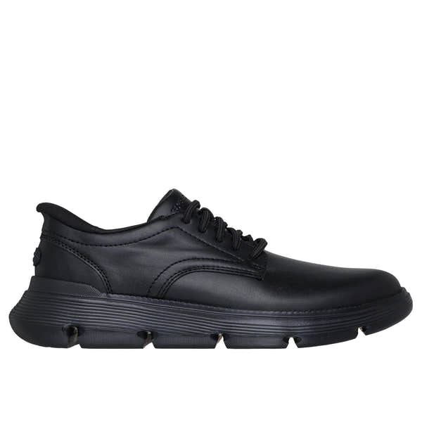 Skechers 205353 Garza - Duran Slip Ins Mens Black Leather Arch Support Slip On Shoes, front three-quarter view.