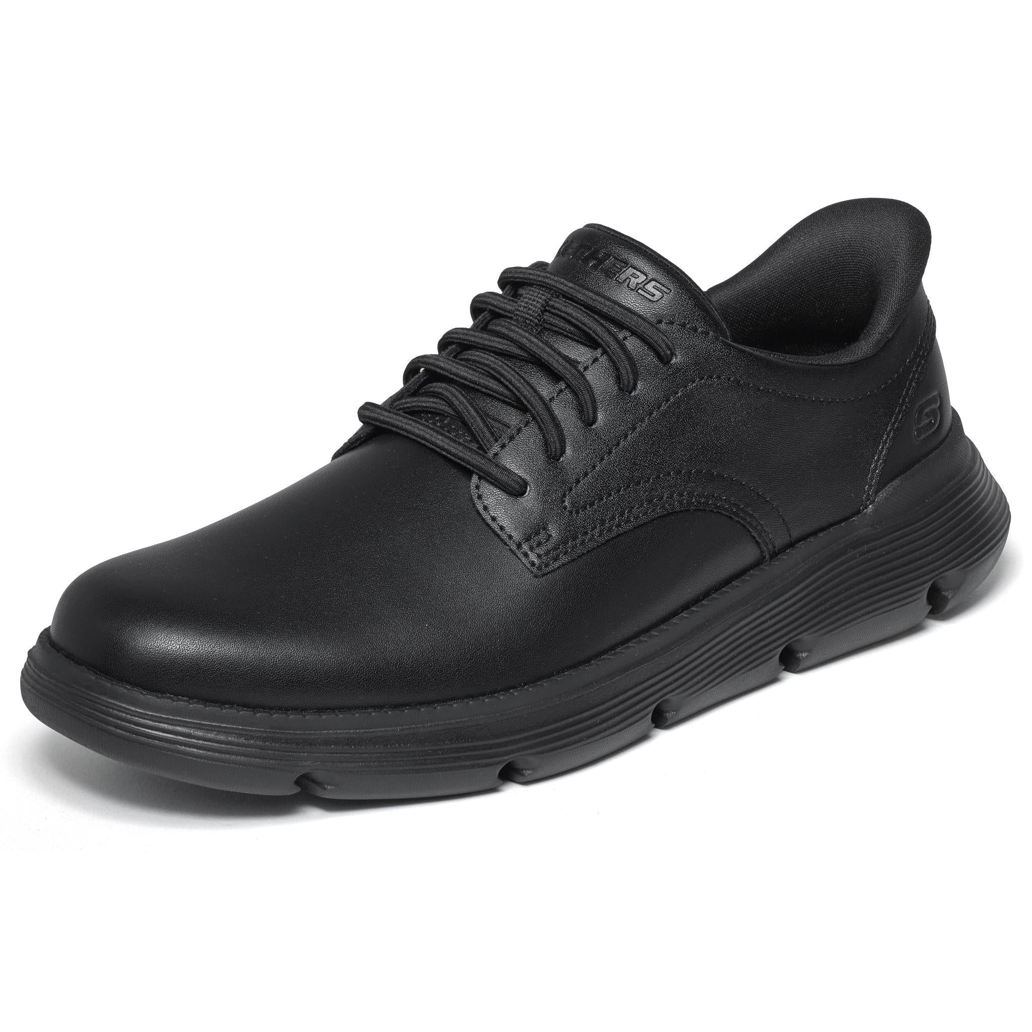 Skechers 205353 Garza - Duran Slip Ins Mens Black Leather Arch Support Slip On Shoes, left side view.
