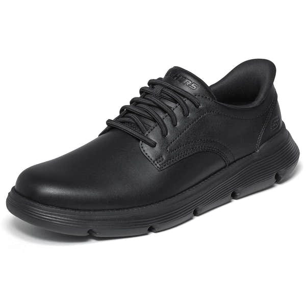Skechers 205353 Garza - Duran Slip Ins Mens Black Leather Arch Support Slip On Shoes, left side view.