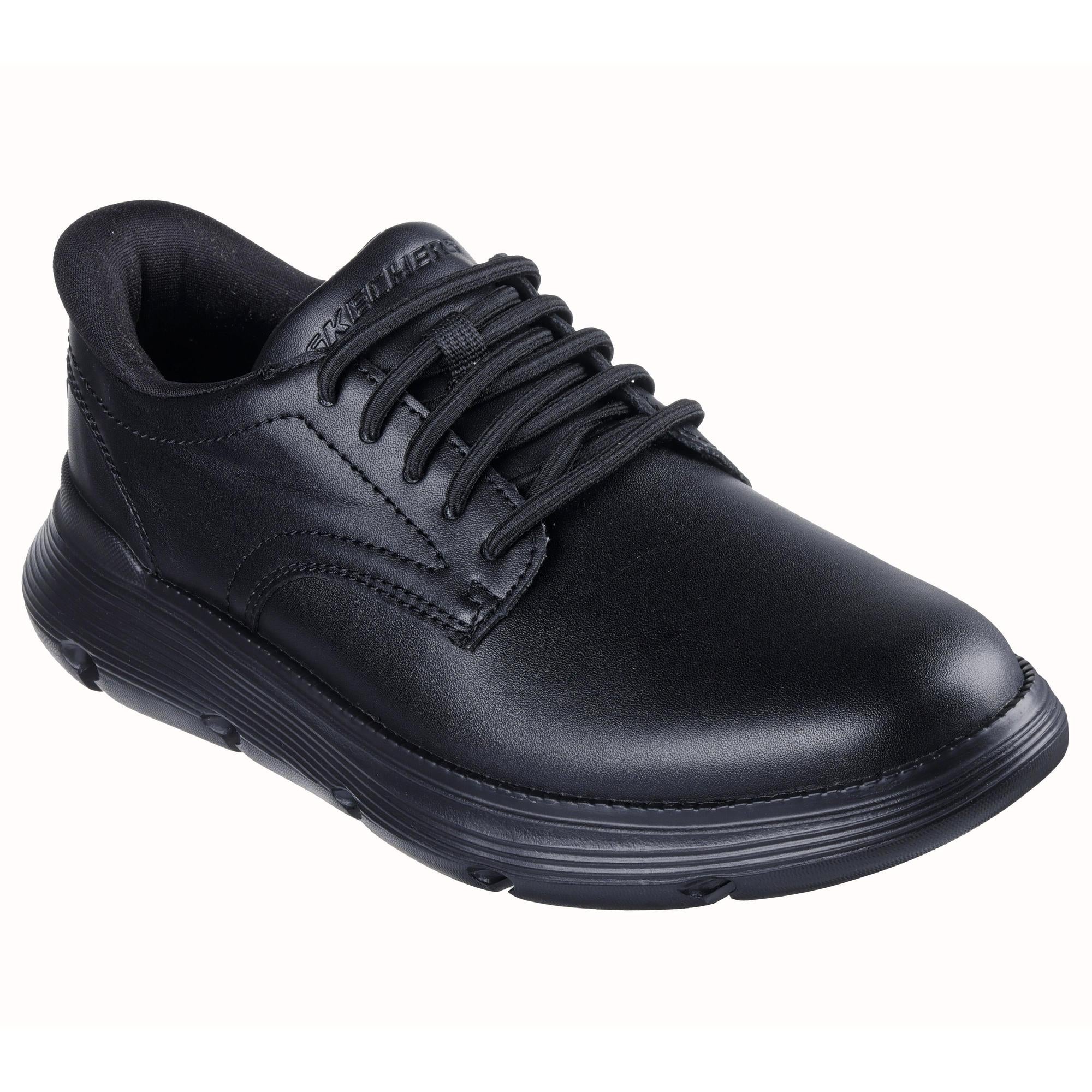 Skechers 205353 Garza - Duran Slip Ins Mens Black Leather Arch Support Slip On Shoes, outer side view.