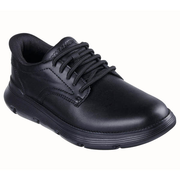 Skechers 205353 Garza - Duran Slip Ins Mens Black Leather Arch Support Slip On Shoes, outer side view.