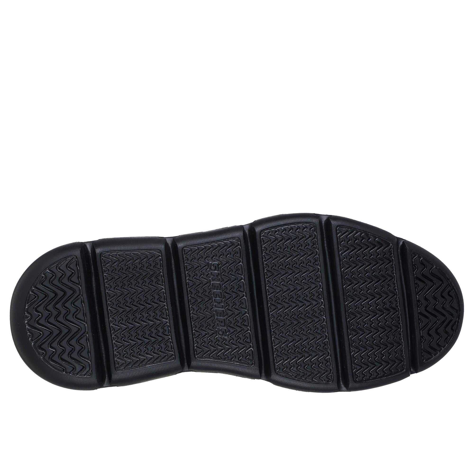 Skechers 205353 Garza - Duran Slip Ins Mens Black Leather Arch Support Slip On Shoes, sole and tread view.