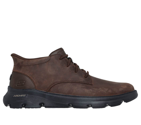 Skechers 205514 Arch Fit Garza - Ridley Mens Cocoa Leather Mix Ankle Boots, front three-quarter view.