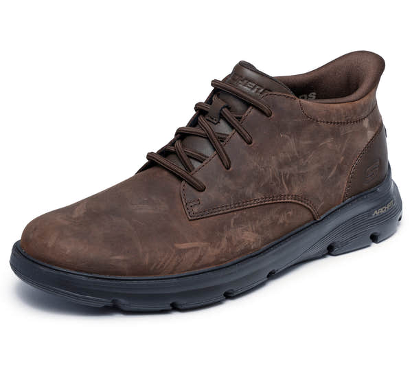 Skechers 205514 Arch Fit Garza - Ridley Mens Cocoa Leather Mix Ankle Boots, left side view.