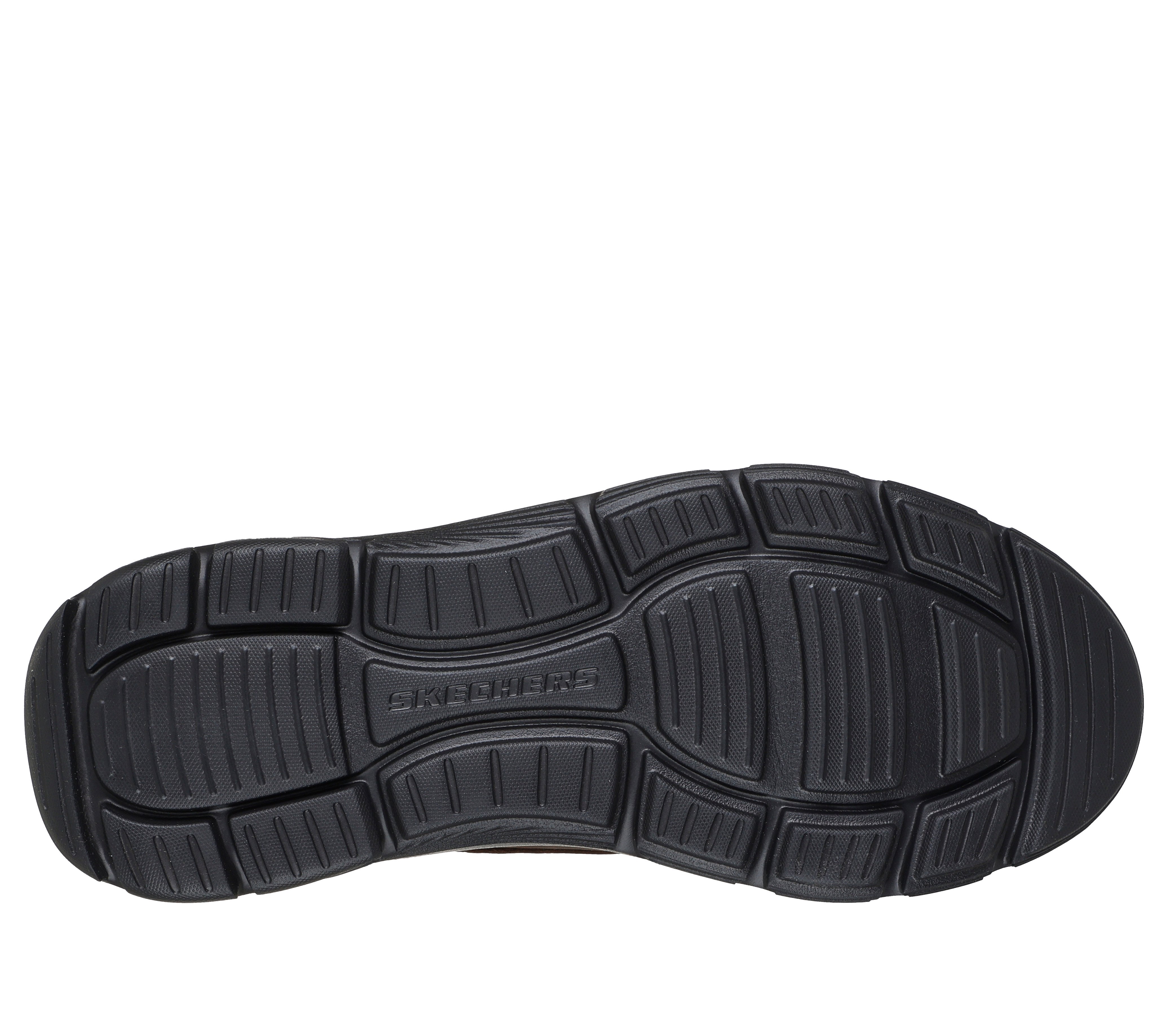 Skechers 205514 Arch Fit Garza - Ridley Mens Cocoa Leather Mix Ankle Boots, sole and tread view.