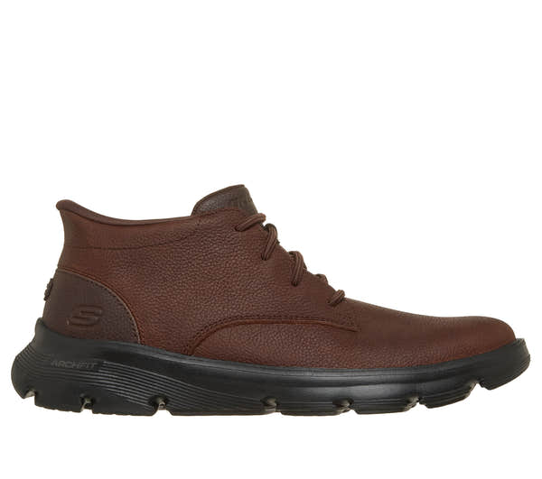Skechers 205514 Arch Fit Garza - Ridley Mens Red Brown Leather Mix Ankle Boots, front three-quarter view.