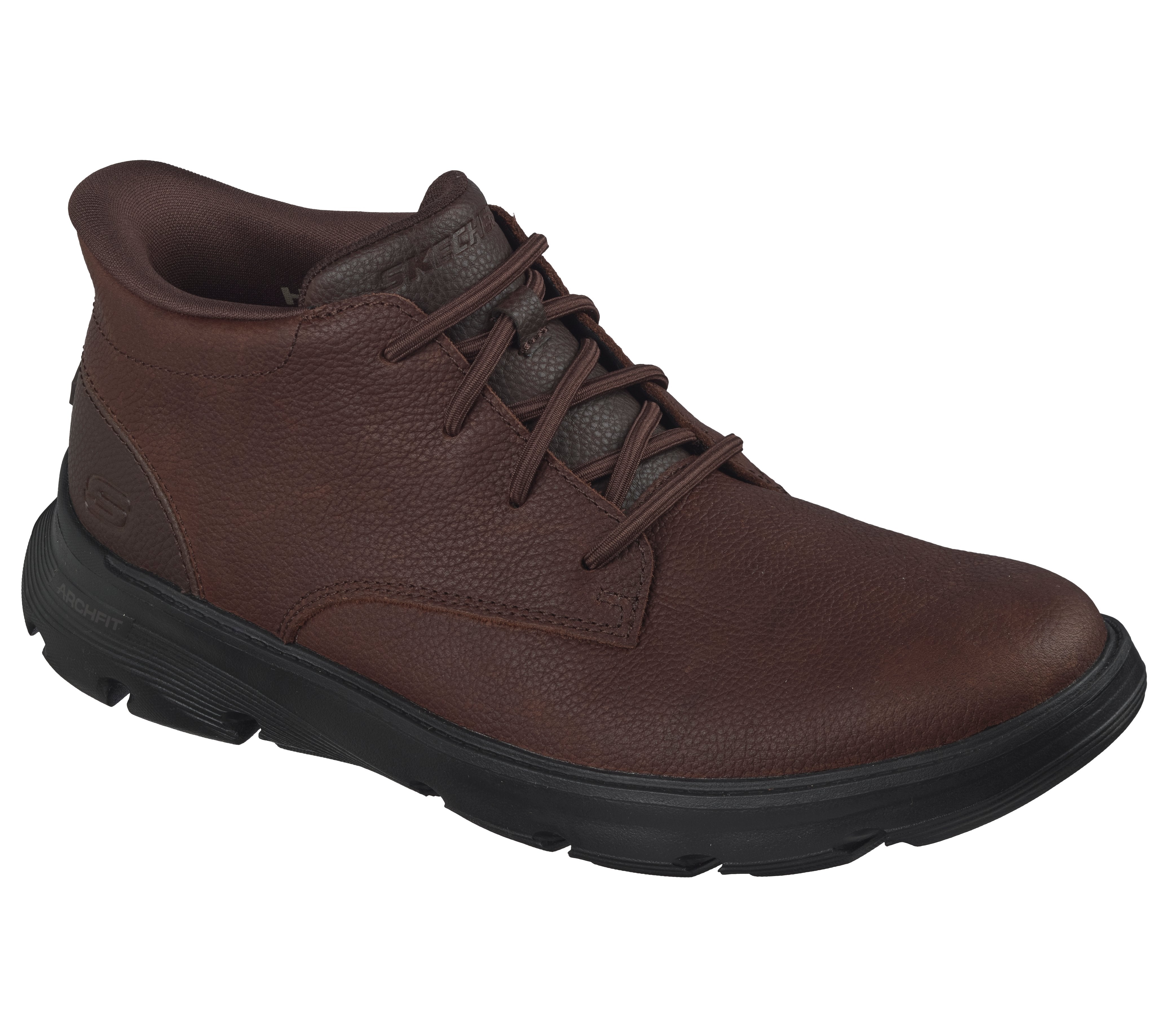 Skechers 205514 Arch Fit Garza - Ridley Mens Red Brown Leather Mix Ankle Boots, outer side view.