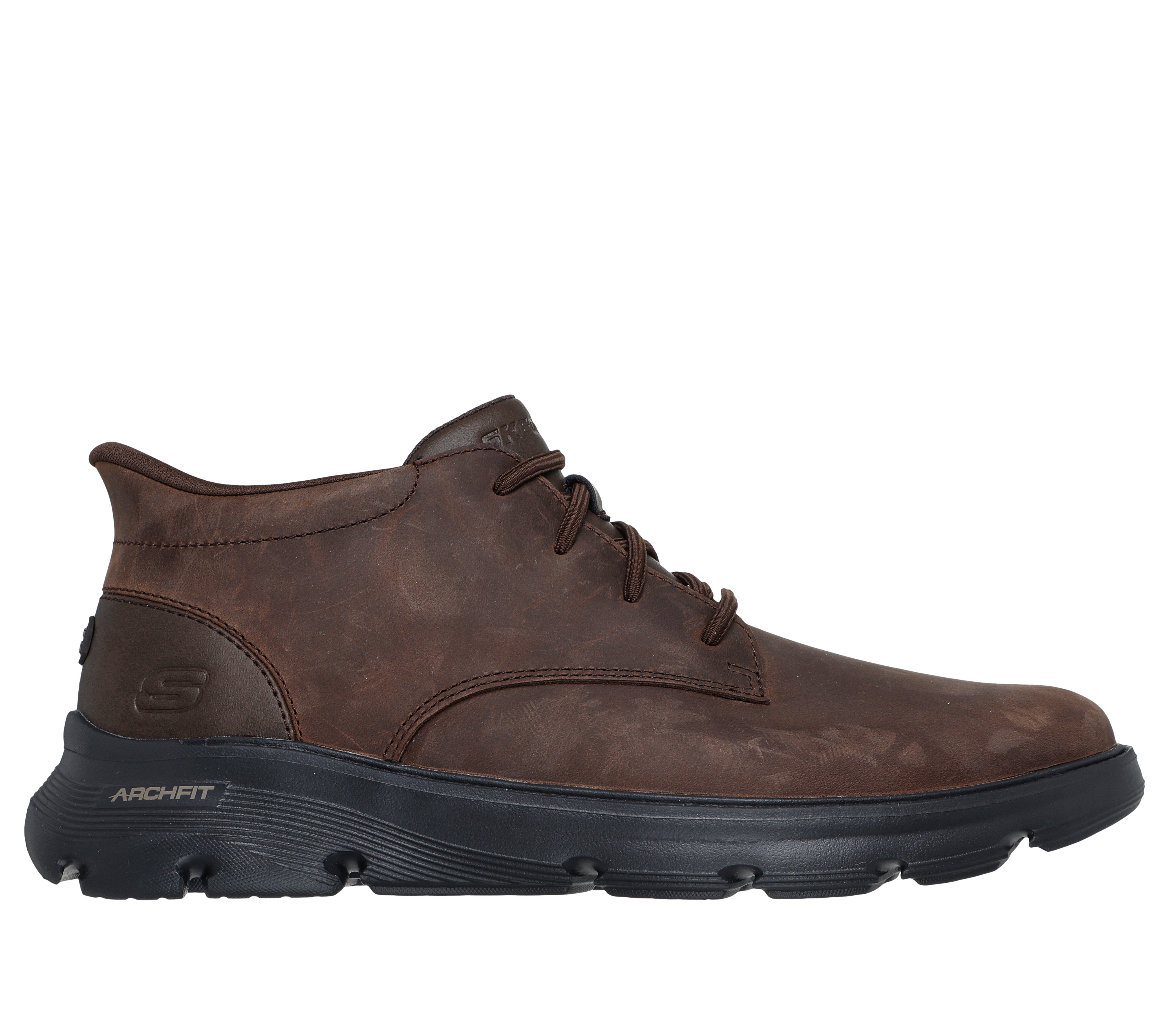 Skechers 205514WW Arch Fit Garza - Ridley Mens Extra Wide Cocoa Leather Arch Support Slip On Ankle Boots, front.