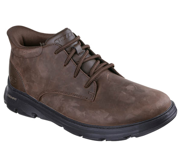 Skechers 205514WW Arch Fit Garza - Ridley Mens Extra Wide Cocoa Leather Arch Support Slip On Ankle Boots, outer side view.