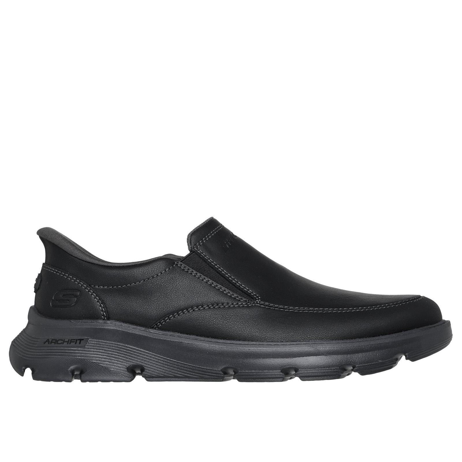 Skechers 205518WW Arch Fit Garza - Umar Mens Extra Wide Black Leather Arch Support Slip On Shoes, front three-quarter view.