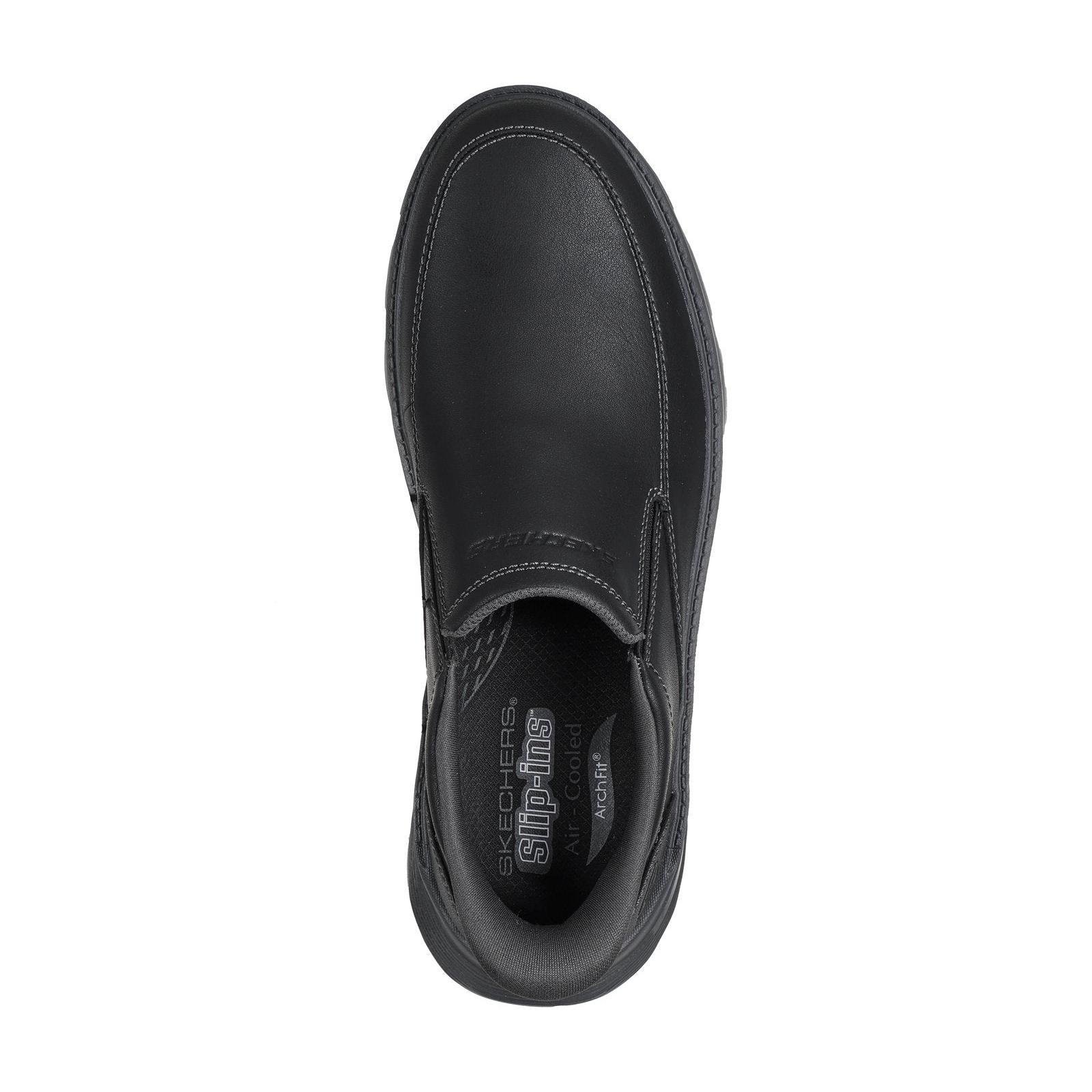 Skechers 205518WW Arch Fit Garza - Umar Mens Extra Wide Black Leather Arch Support Slip On Shoes, insole and footbed view.