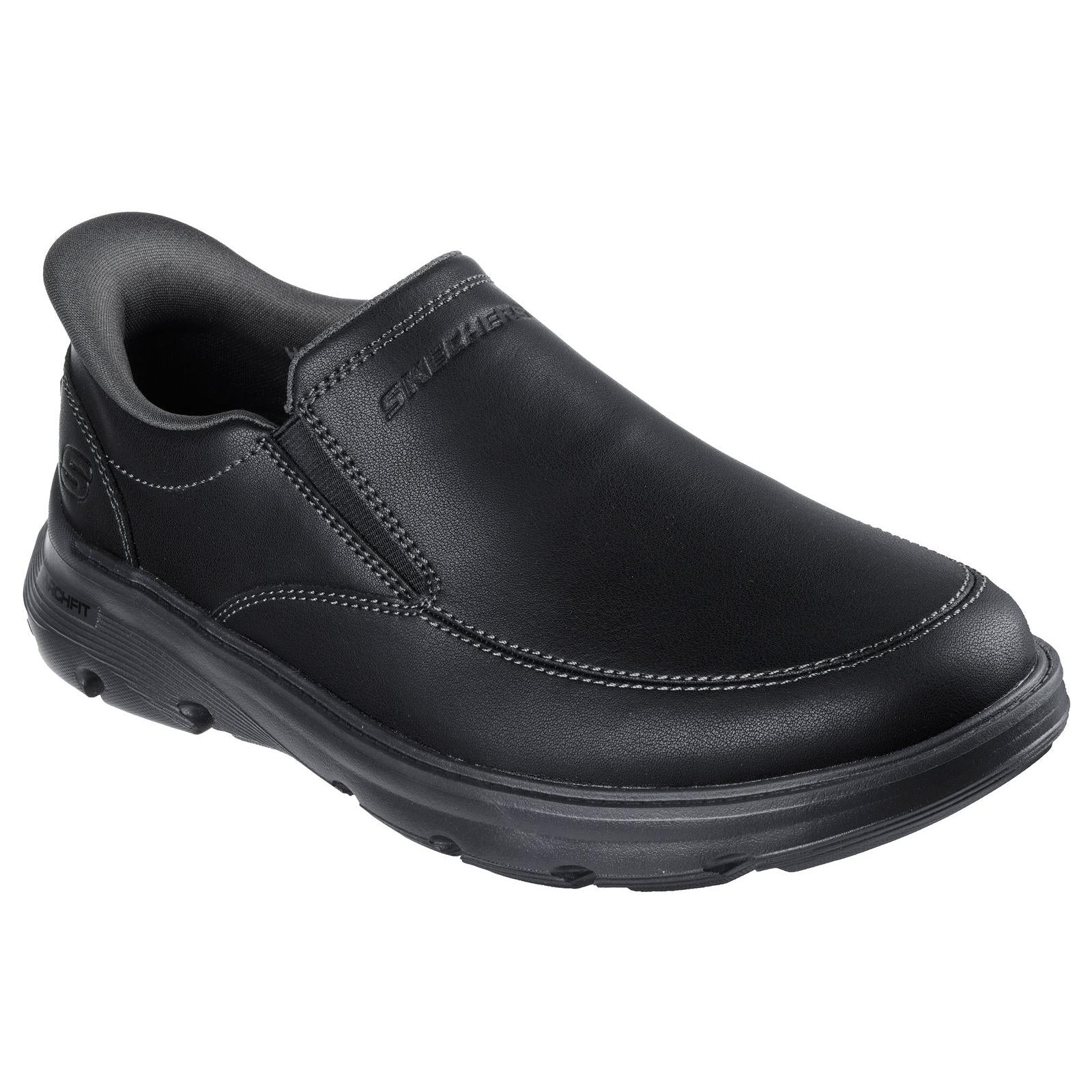 Skechers 205518WW Arch Fit Garza - Umar Mens Extra Wide Black Leather Arch Support Slip On Shoes, outer side view.