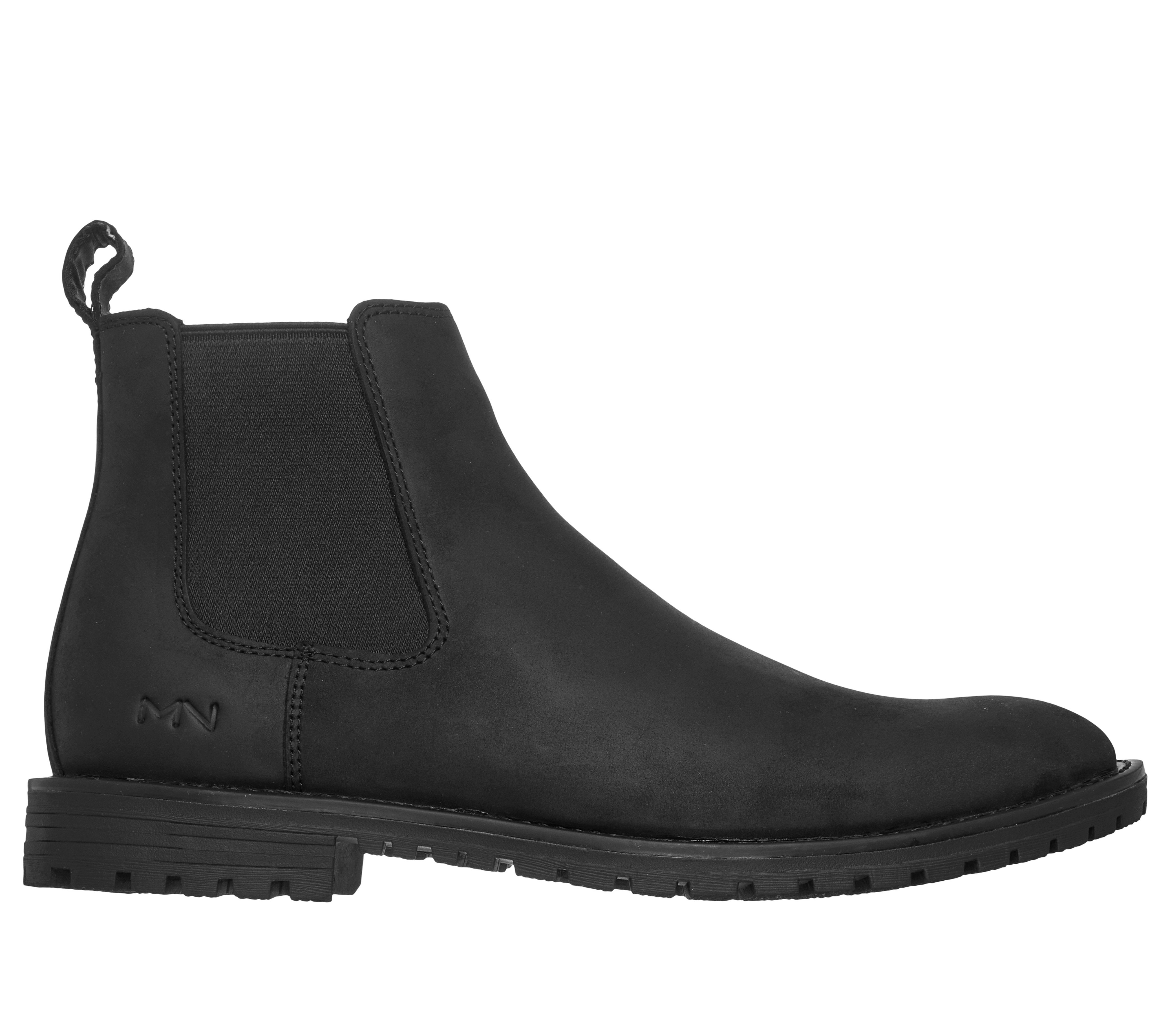 Skechers 205569 The Bowery-Tayln Mens Black Nubuck Leather Ankle Boots, front three-quarter view.