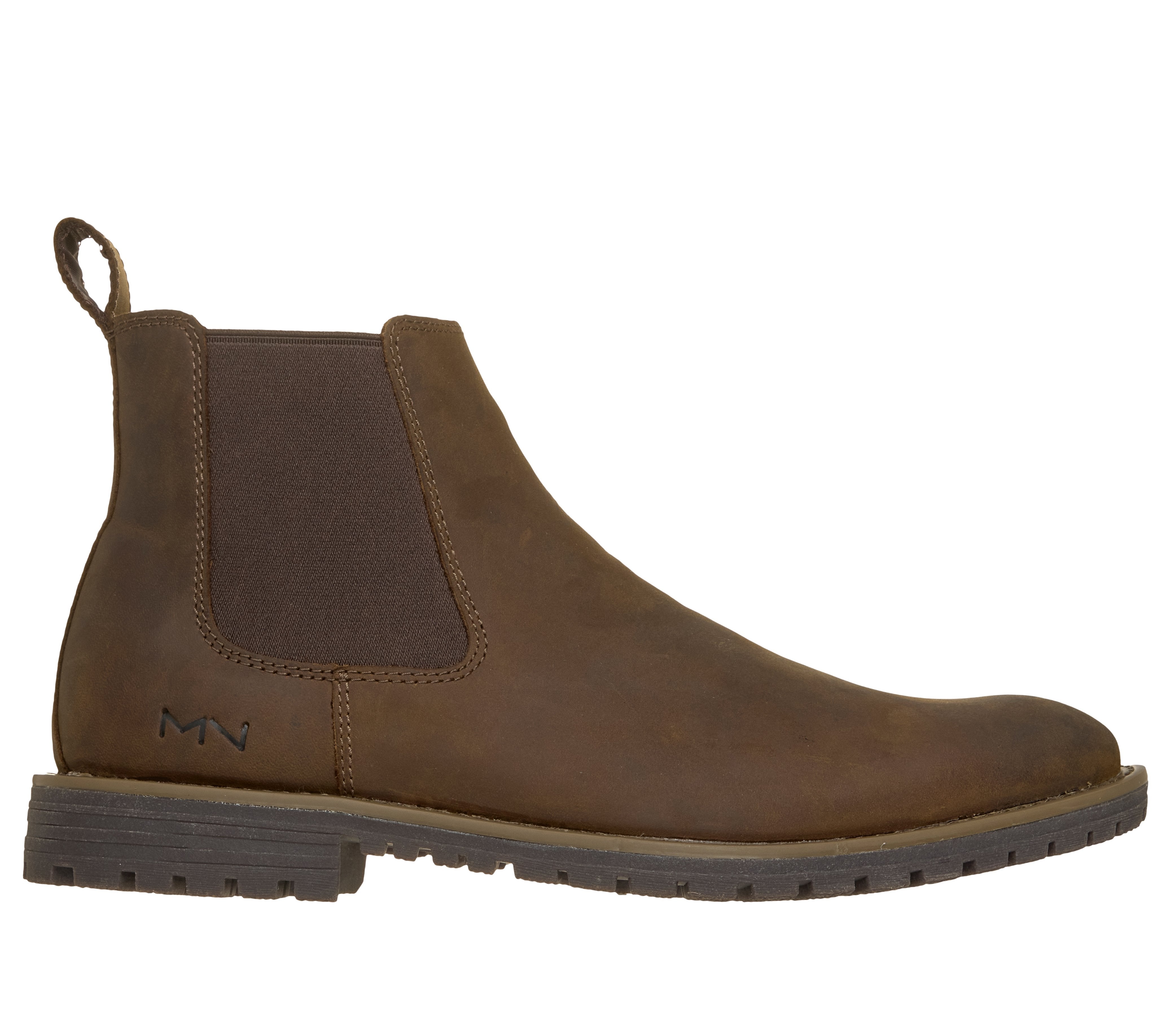 Skechers 205569 The Bowery-Tayln Mens Brown Nubuck Leather Ankle Boots, front three-quarter view.