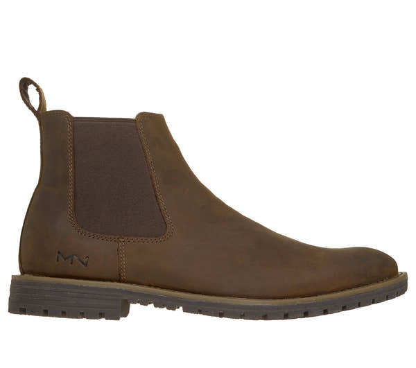 Skechers 205569 The Bowery-Tayln Mens Brown Nubuck Leather Ankle Boots, front three-quarter view.