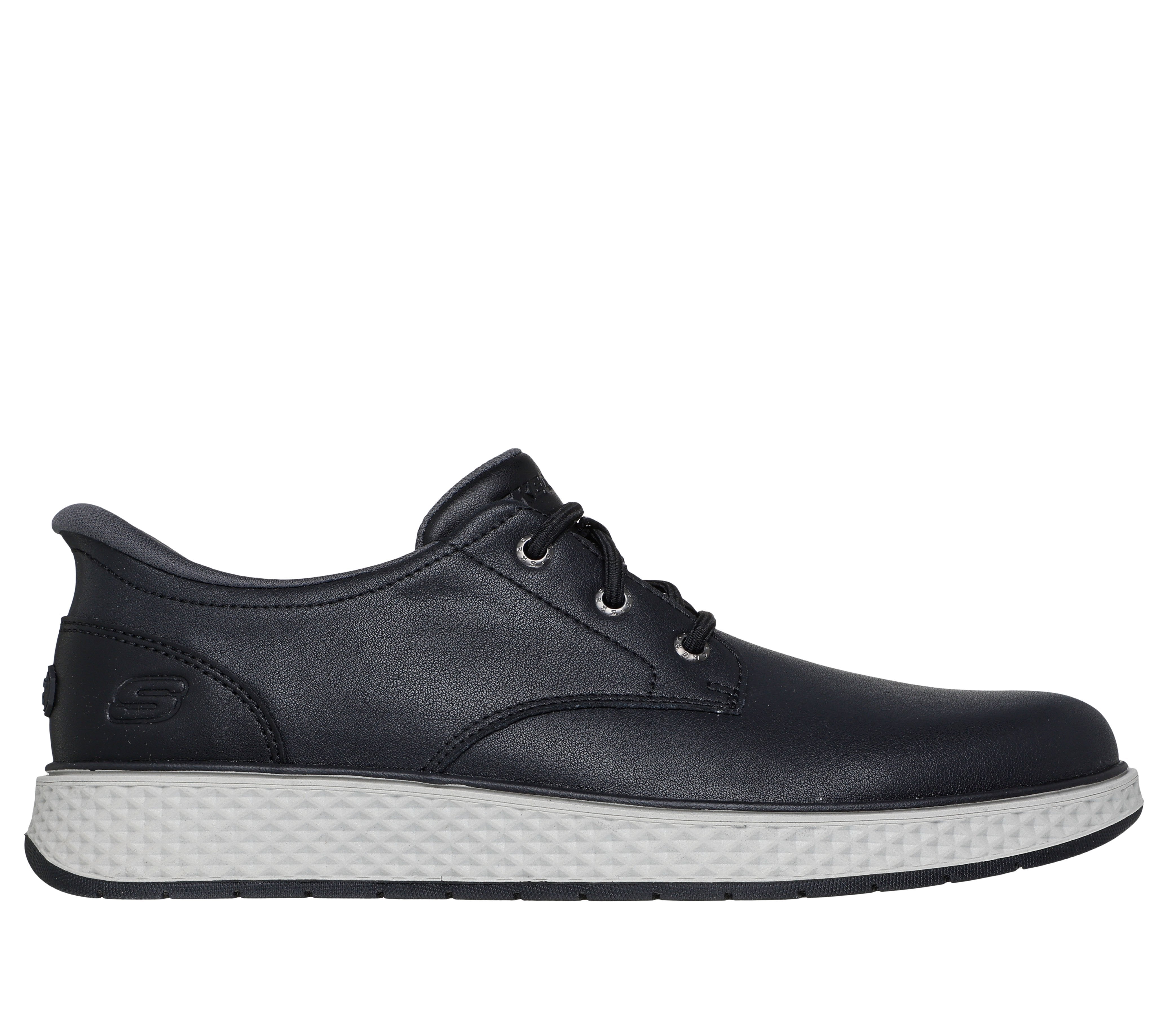 Skechers 205624 Burkett - Lonzo Mens Black Leather Shoes, front three-quarter view.