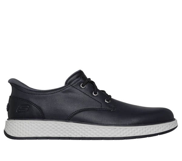 Skechers 205624 Burkett - Lonzo Mens Black Leather Shoes, front three-quarter view.