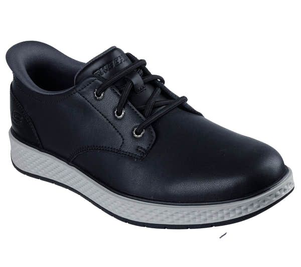 Skechers 205624 Burkett - Lonzo Mens Black Leather Shoes, outer side view.