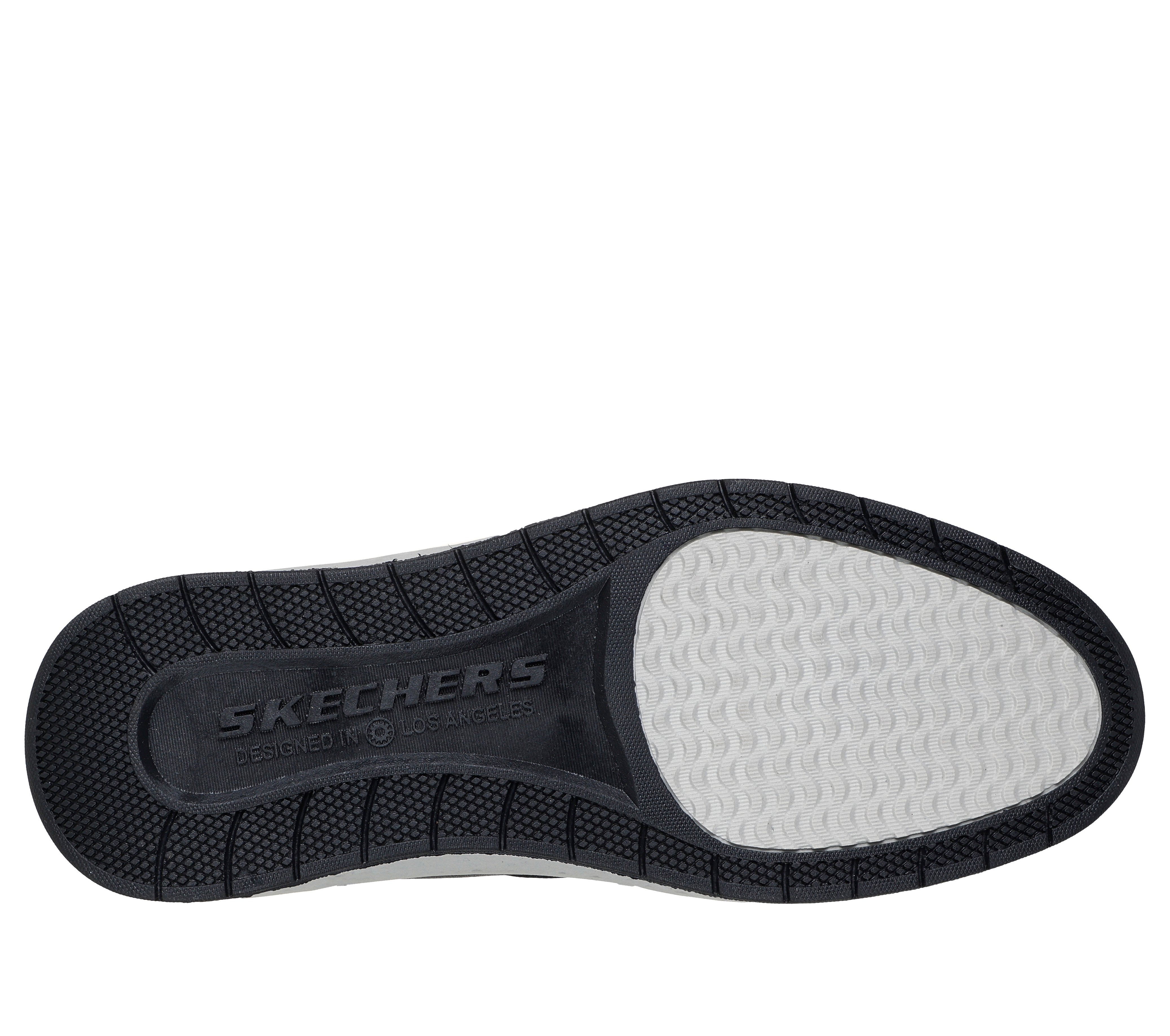 Skechers 205624 Burkett - Lonzo Mens Black Leather Shoes, sole and tread view.