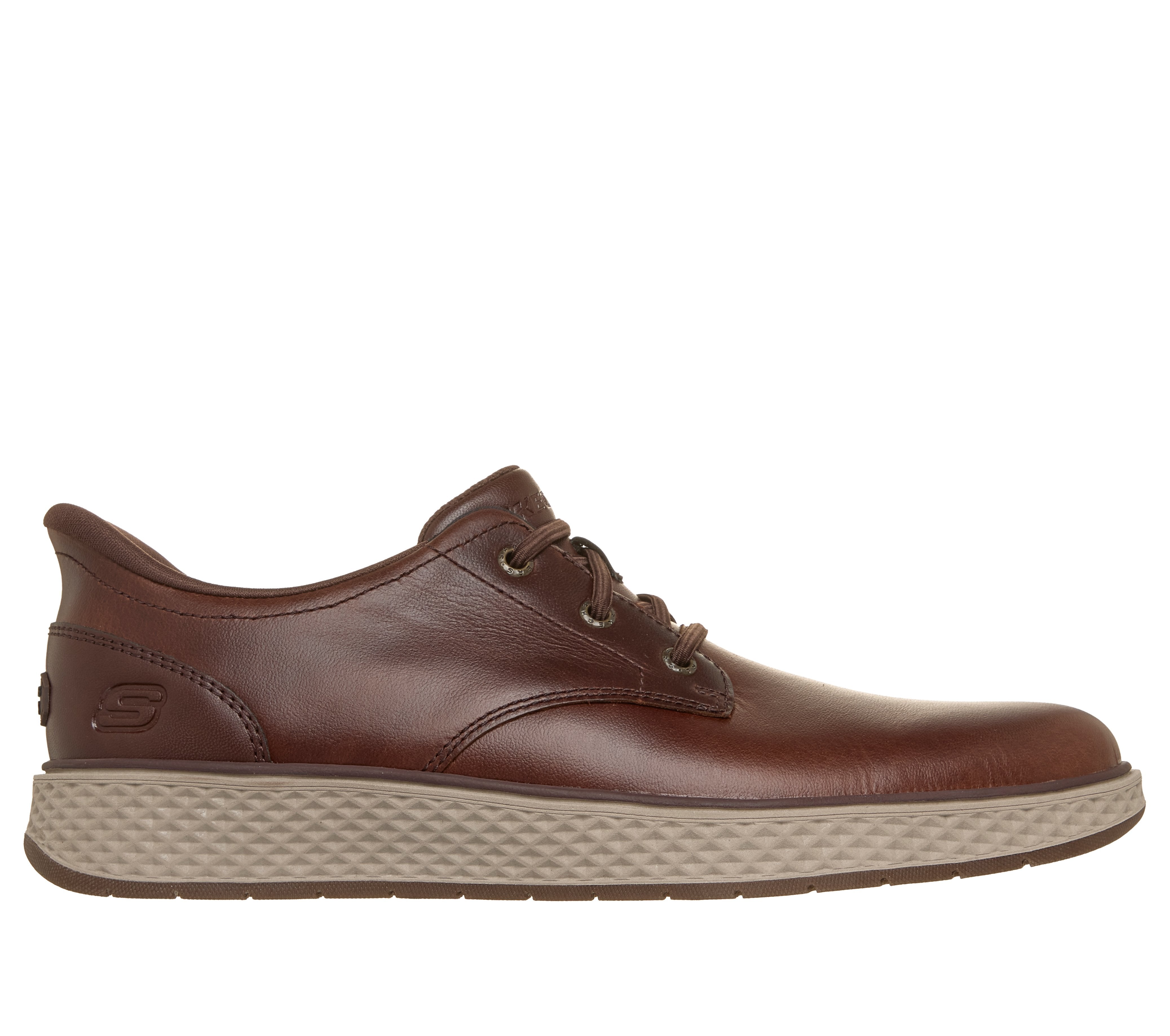 Skechers 205624 Burkett - Lonzo Mens Brown Leather Shoes, front three-quarter view.