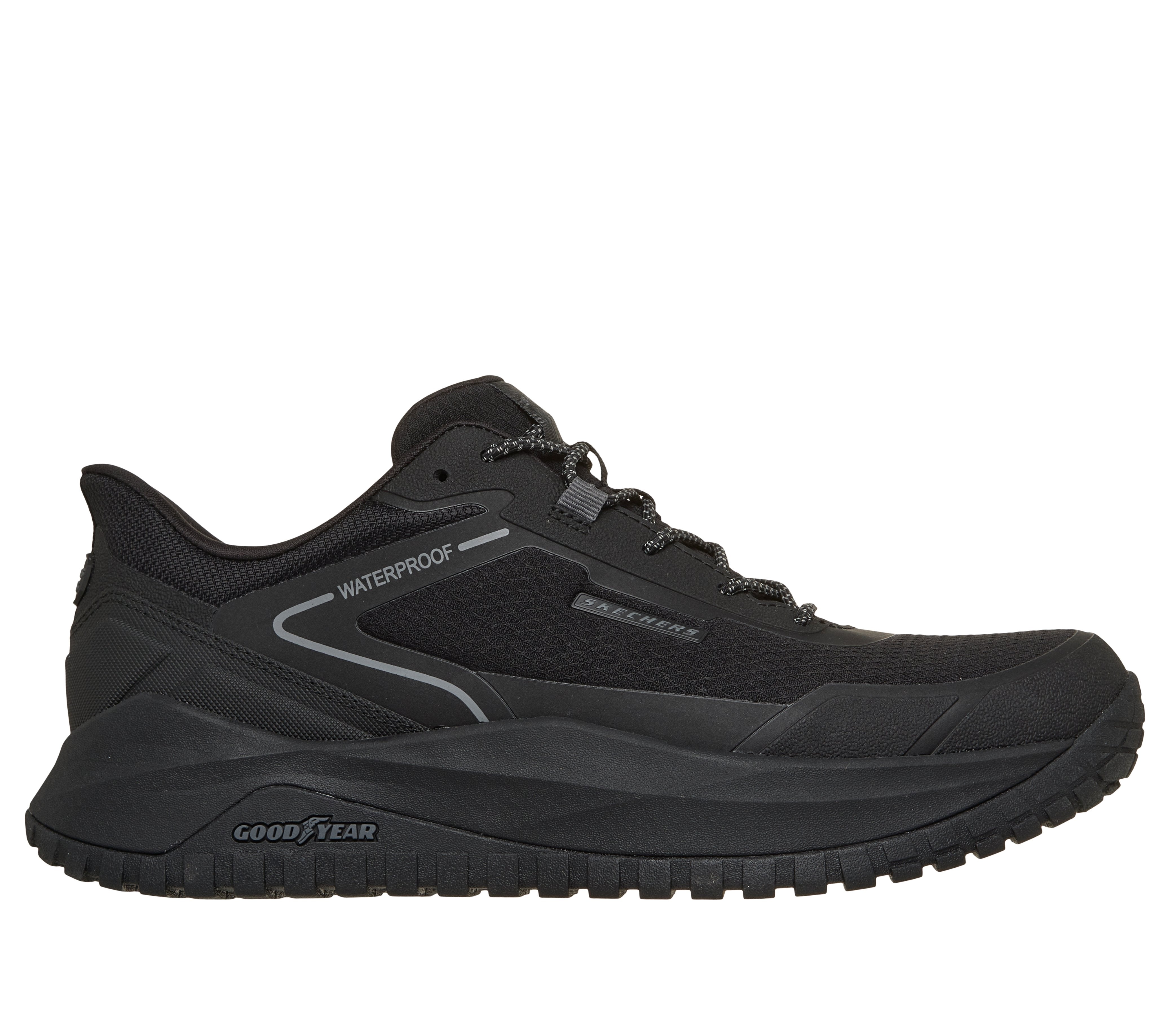 Skechers 211367 Badger - Koda Mens Black Textile Trainers, front three-quarter view.
