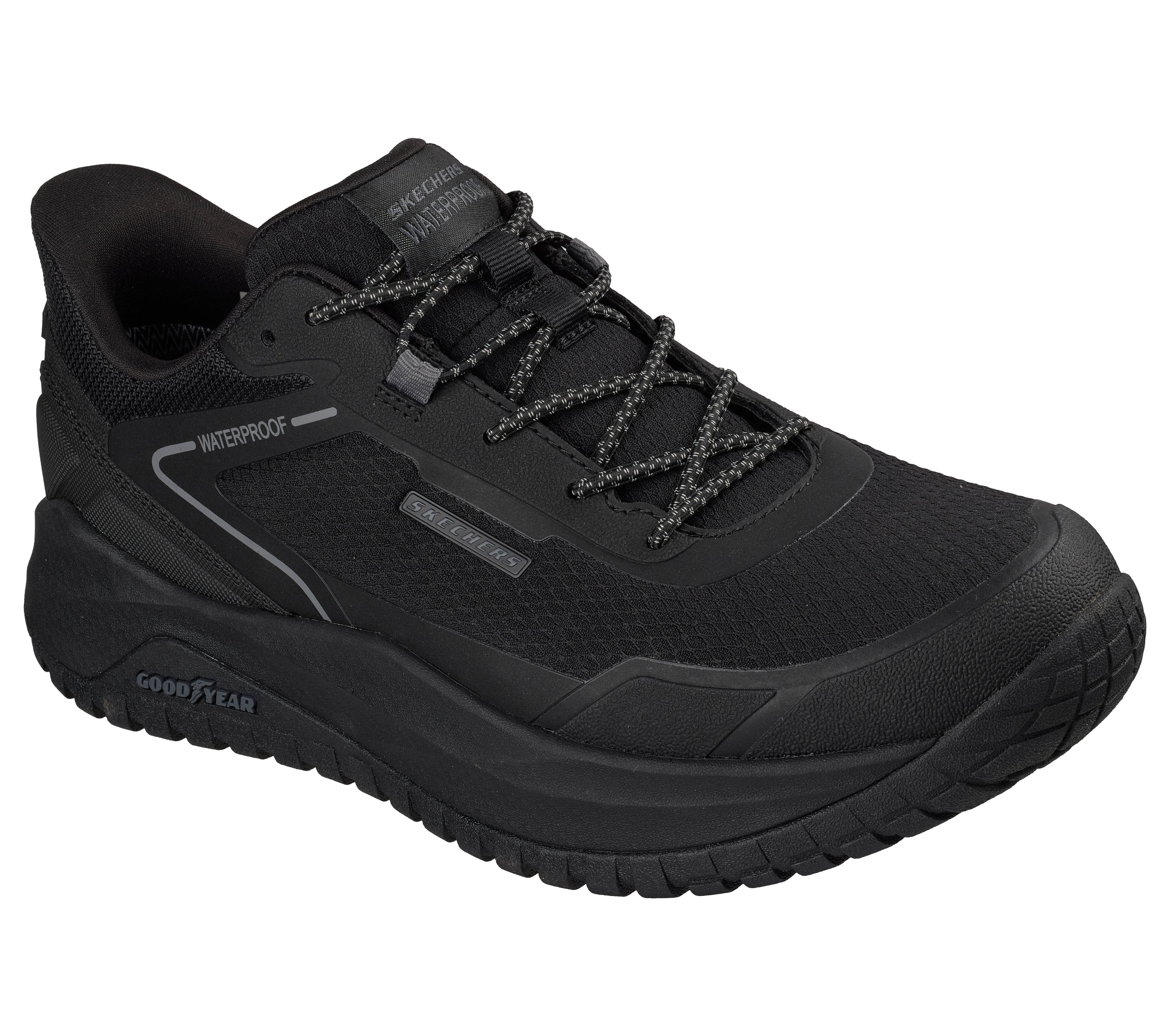 Skechers 211367 Badger - Koda Mens Black Textile Trainers, outer side view.