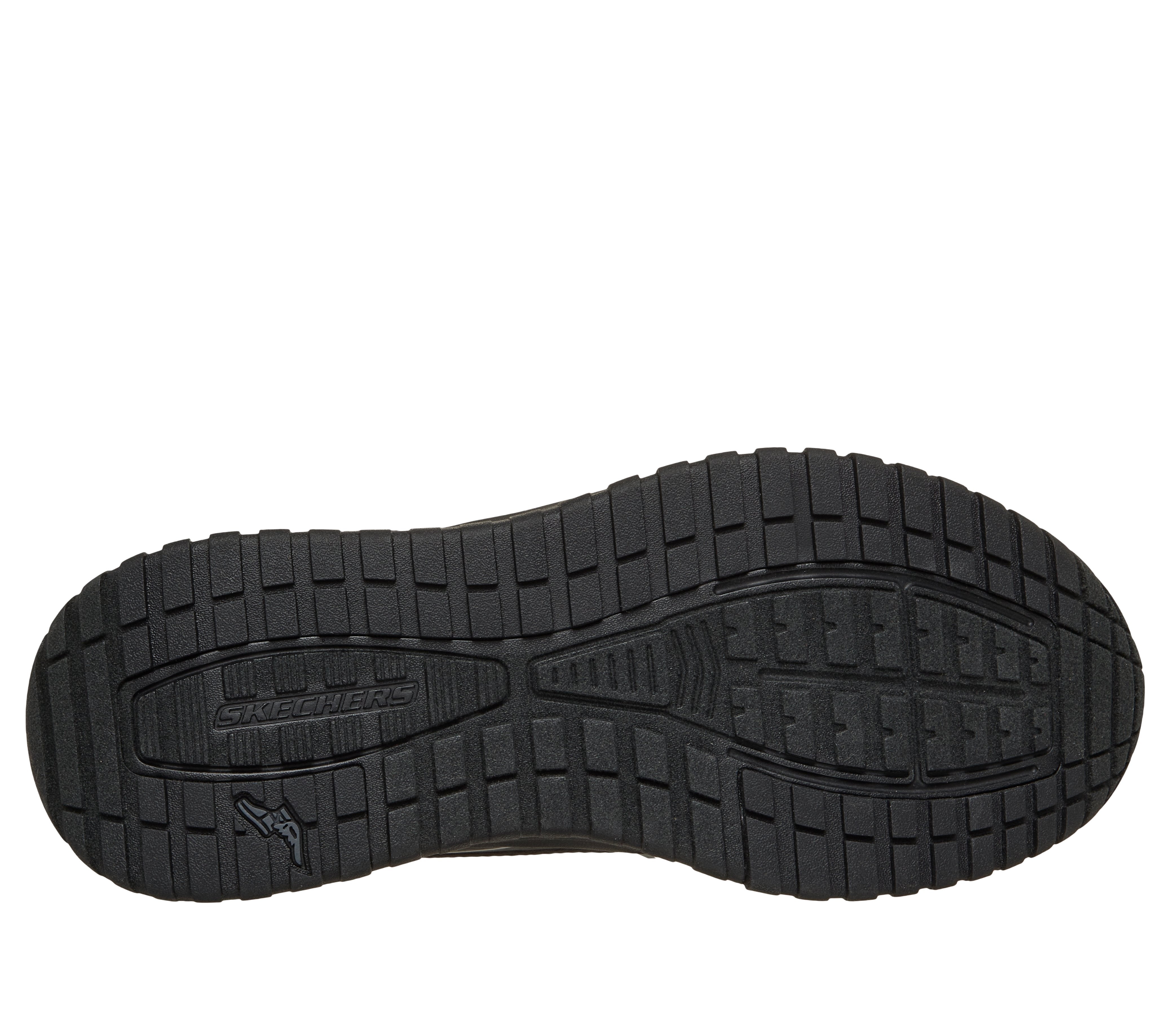 Skechers 211367 Badger - Koda Mens Black Textile Trainers, sole and tread view.