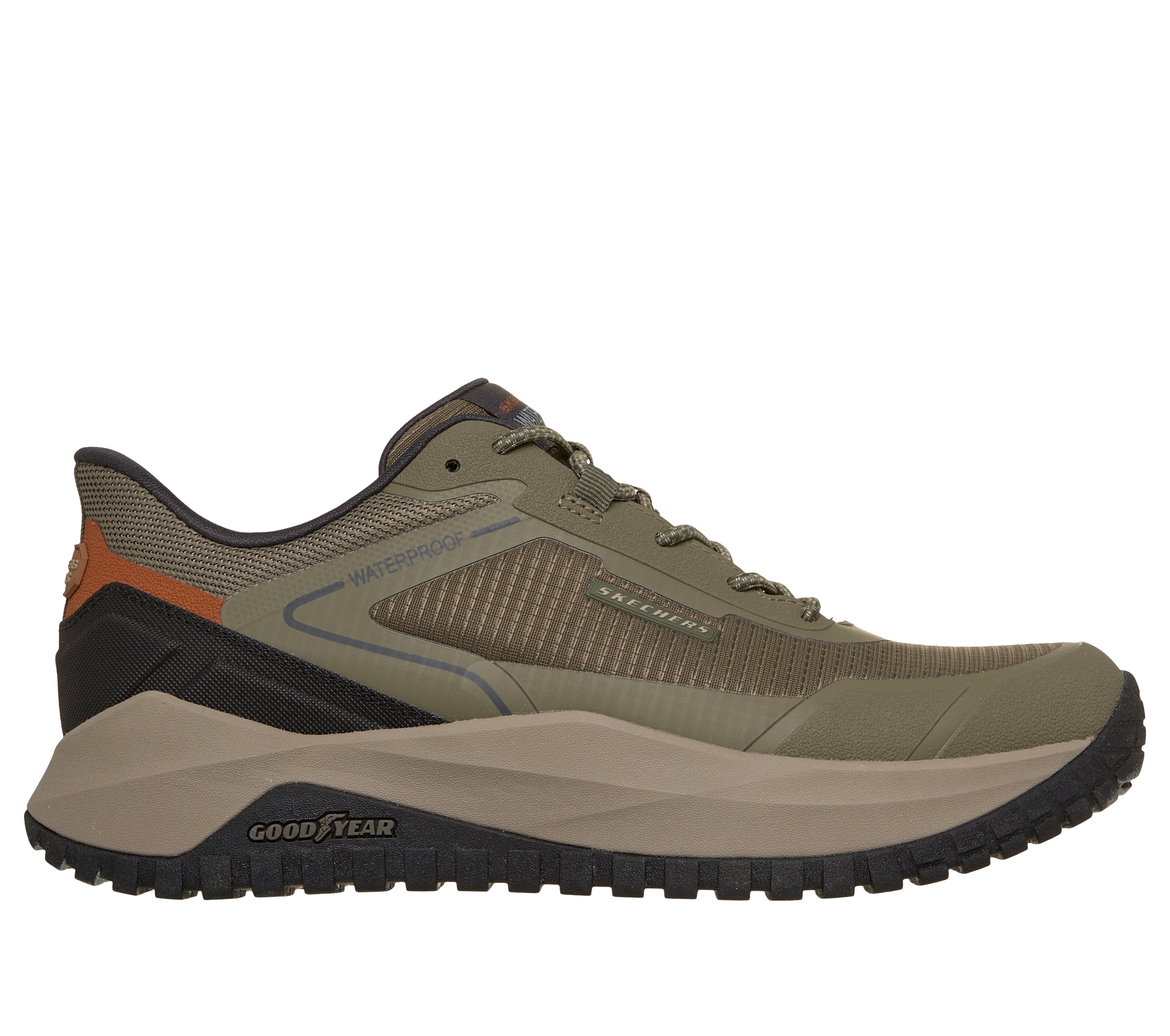 Skechers 211367 Badger - Koda Mens Olive Textile Trainers, front three-quarter view.