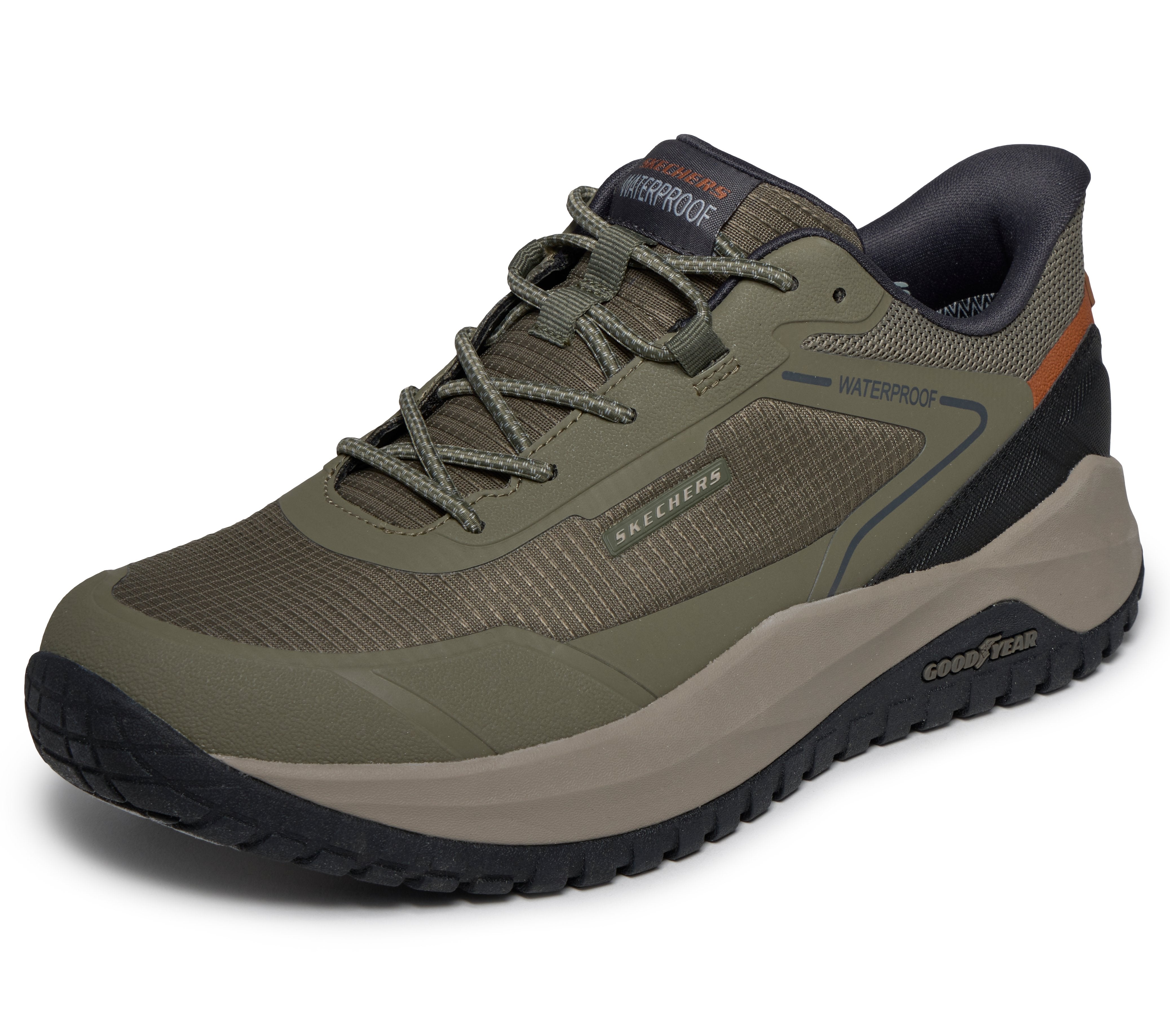 Skechers 211367 Badger - Koda Mens Olive Textile Trainers, left side view.