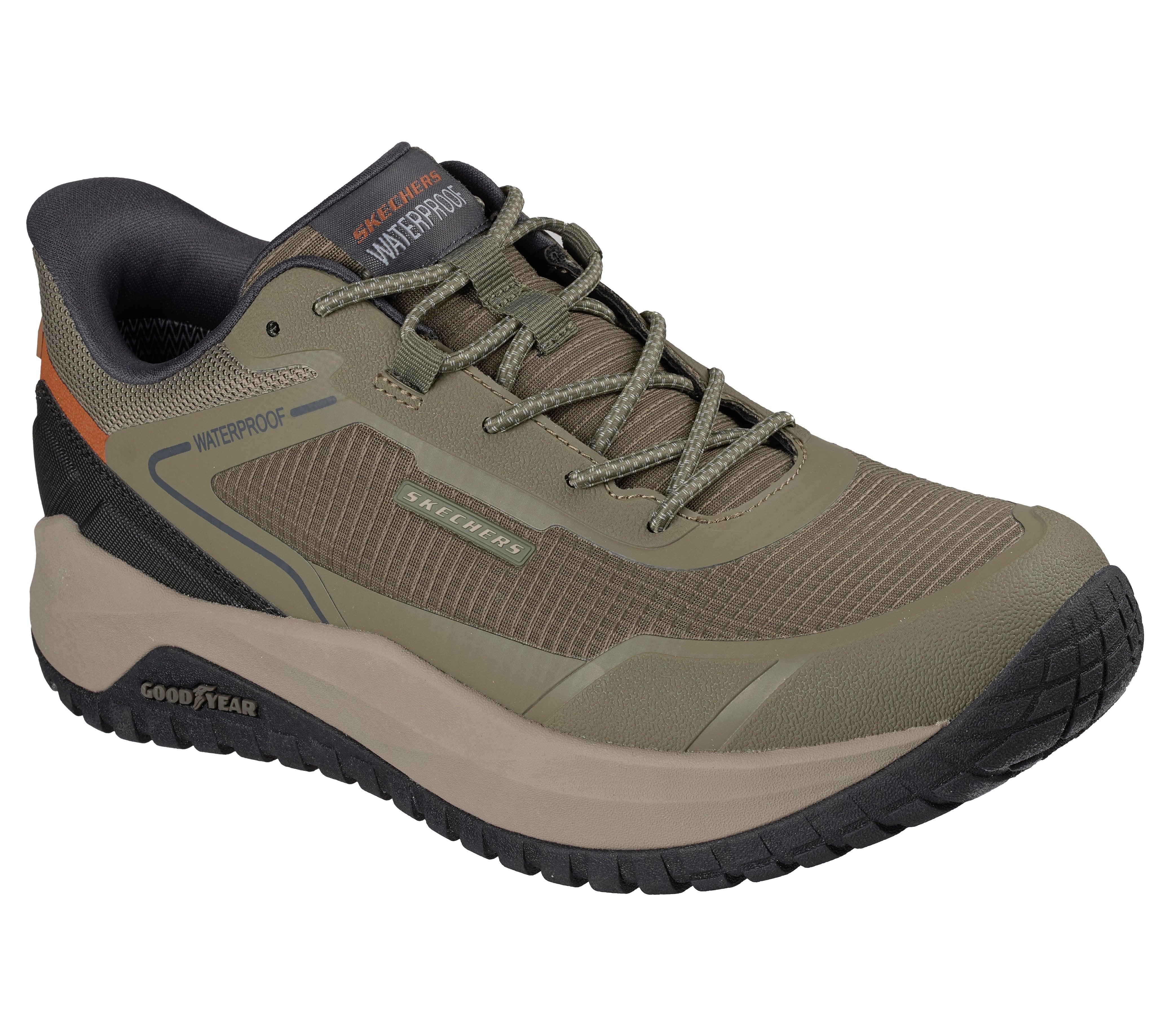 Skechers 211367 Badger - Koda Mens Olive Textile Trainers, outer side view.