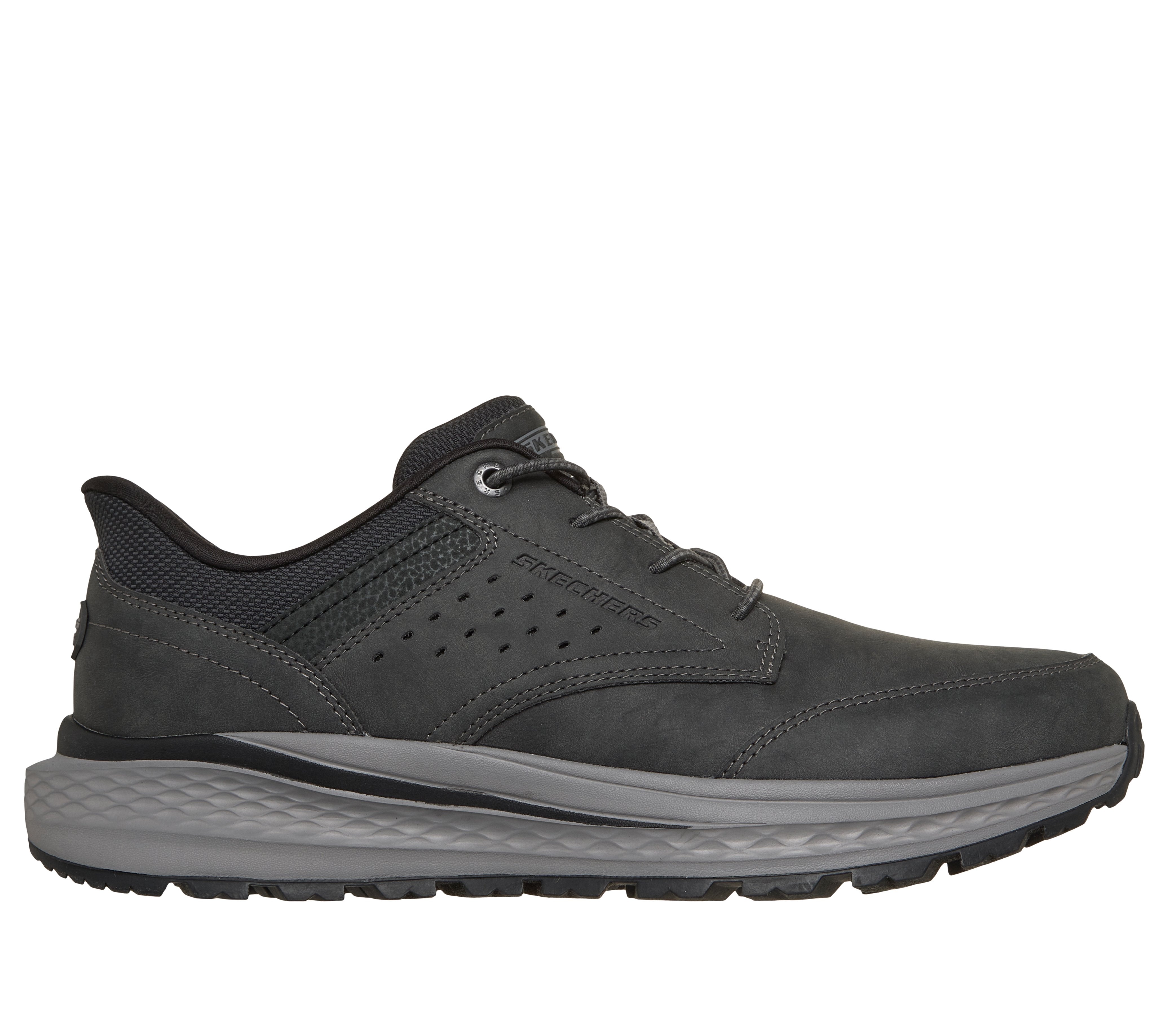 Skechers 211448 Slade Ultra - Ronan Mens Charcoal Textile Shoes, front three-quarter view.
