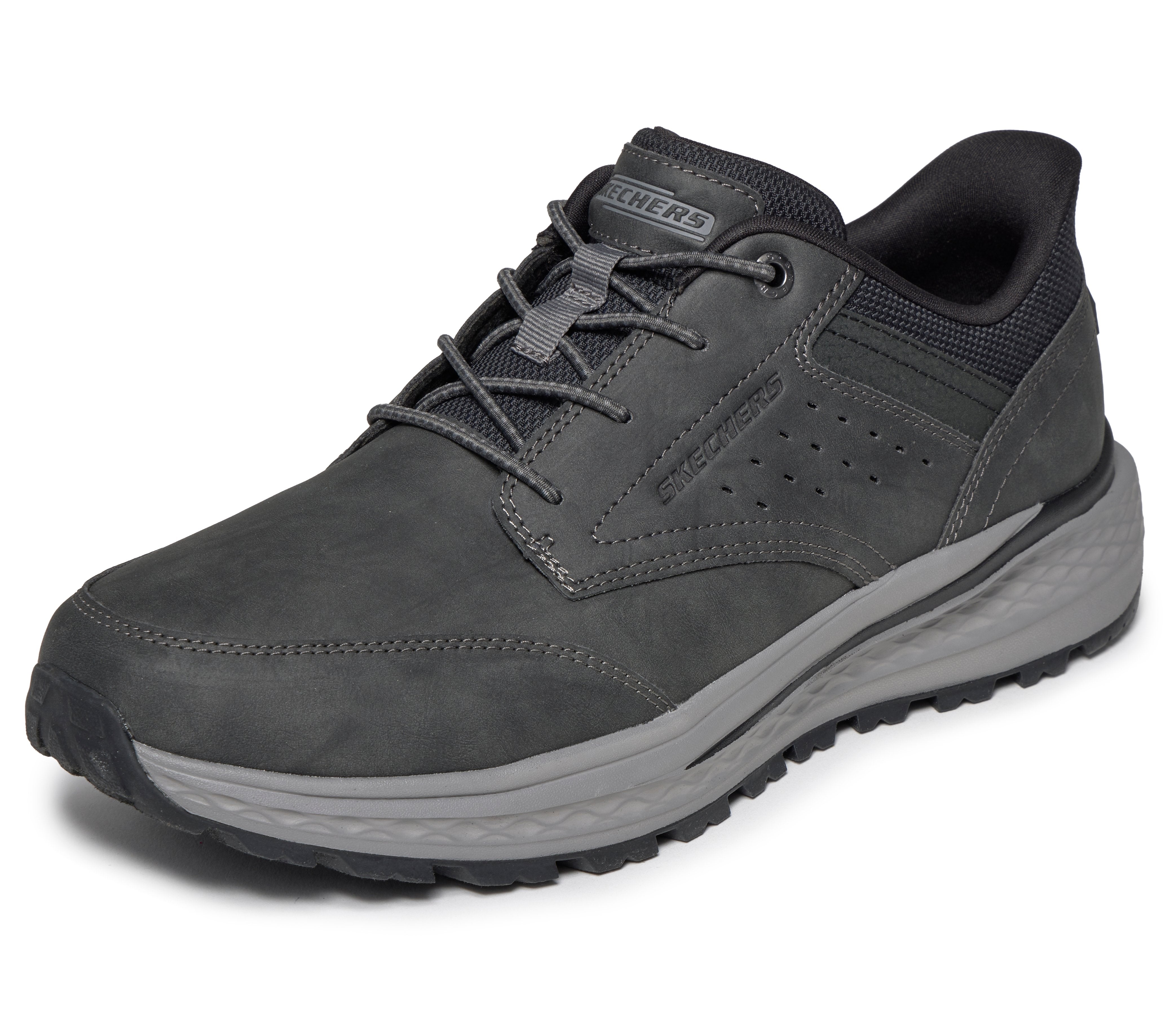 Skechers 211448 Slade Ultra - Ronan Mens Charcoal Textile Shoes, left side view.