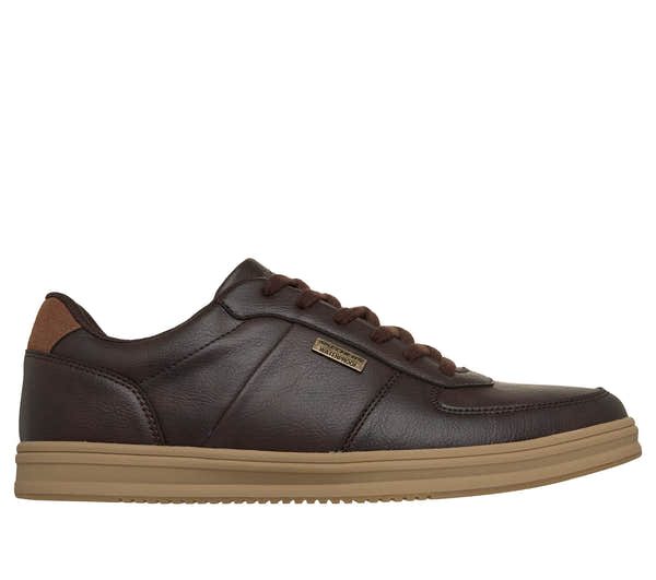 Skechers 211459 Palmiro-Monty Mens Chocolate Trainers, front three-quarter view.