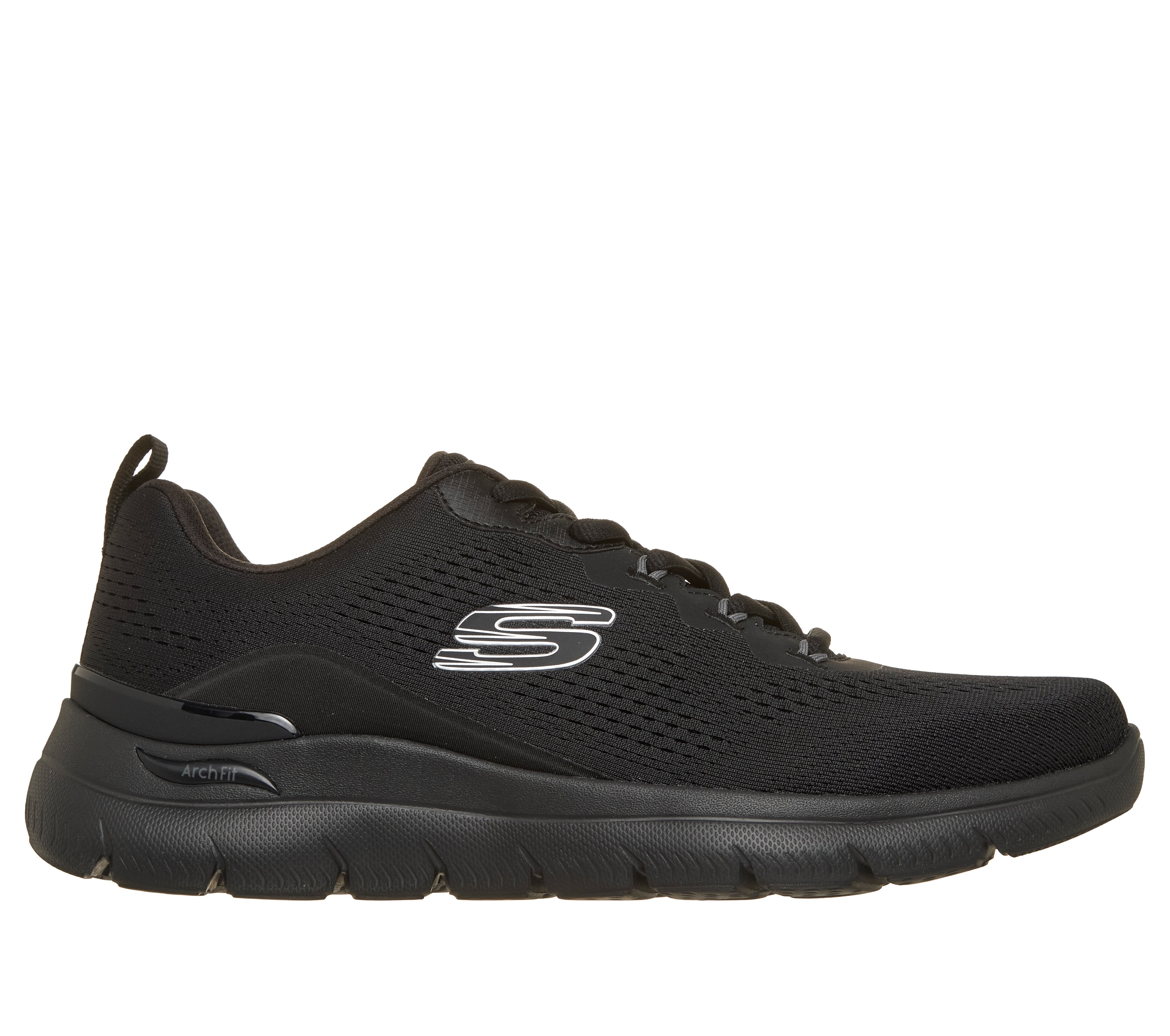 Skechers 233178 Arch Fit Summits - Kravel Mens Black Textile Shoes, front three-quarter view.