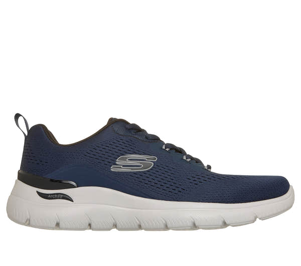 Skechers 233178 Arch Fit Summits - Kravel Mens Navy Textile Shoes, front three-quarter view.