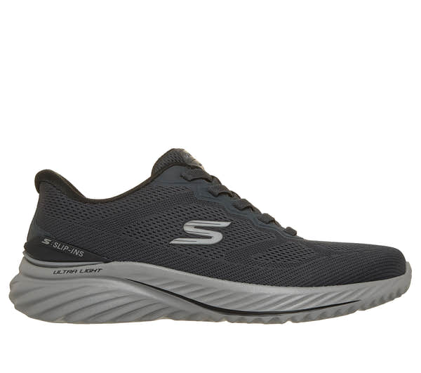 Skechers 233459 Bounder 3.0 - Reocurrence Mens Black Textile Shoes, front three-quarter view.