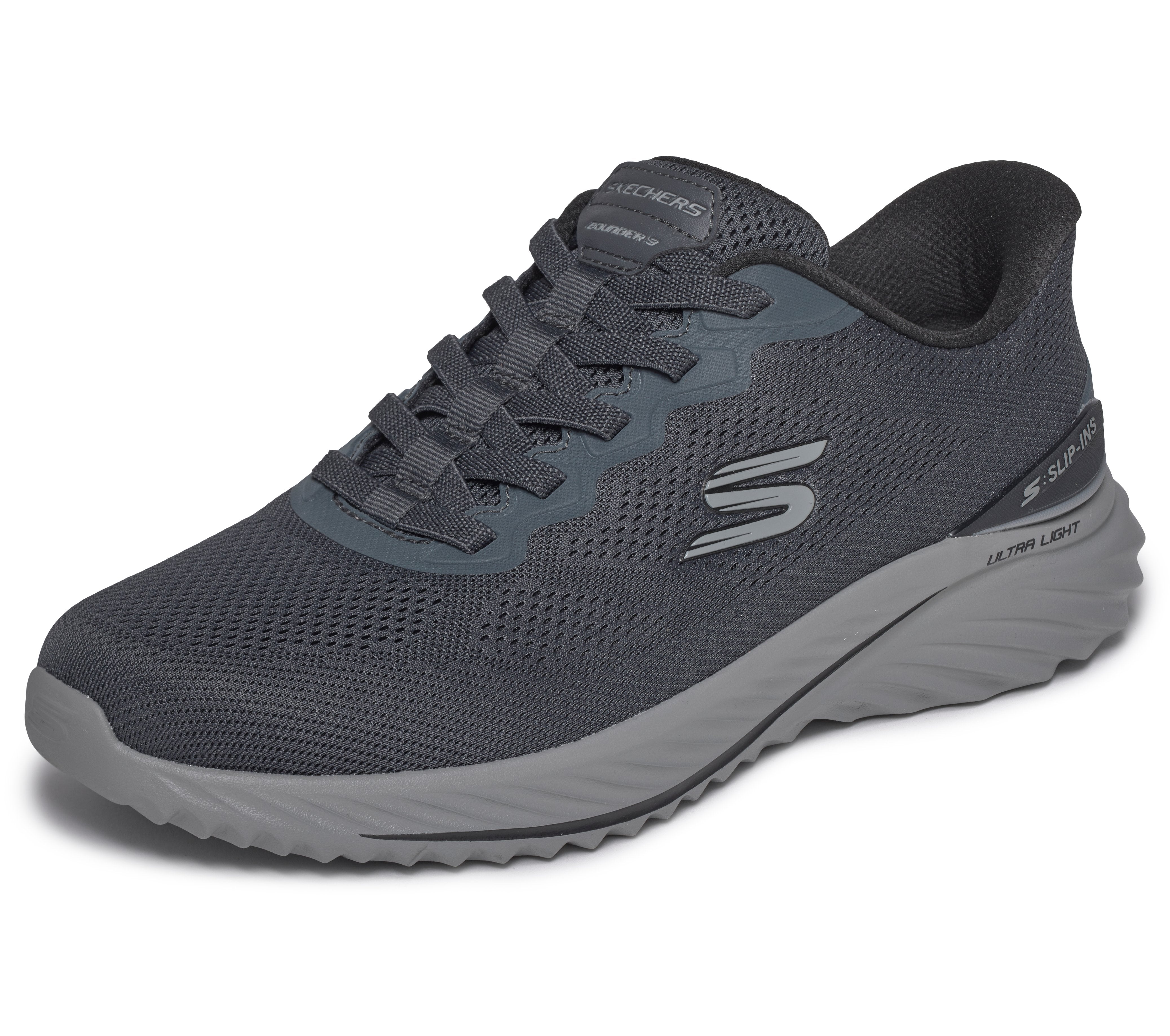 Skechers 233459 Bounder 3.0 - Reocurrence Mens Black Textile Shoes, left side view.