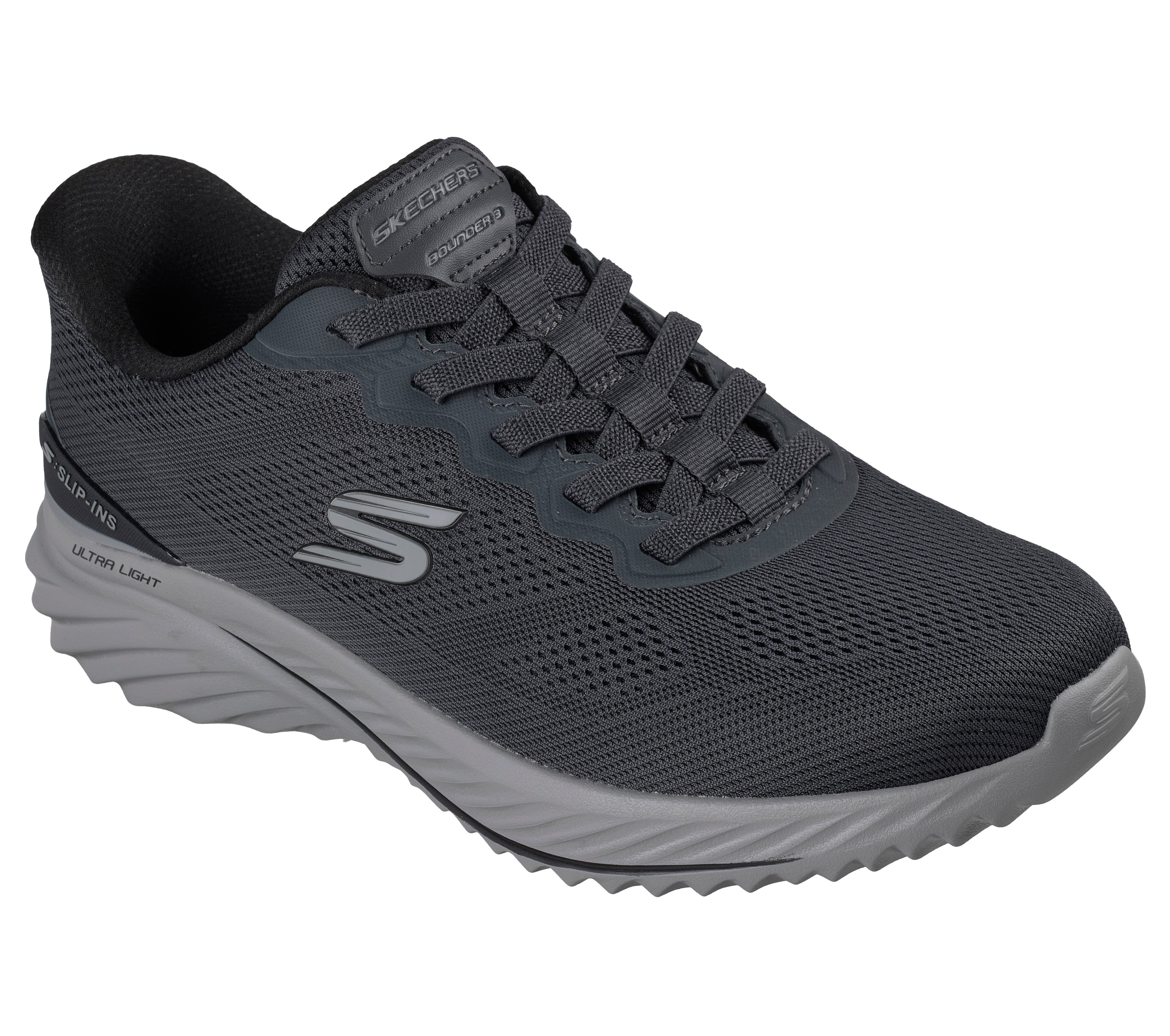 Skechers 233459 Bounder 3.0 - Reocurrence Mens Black Textile Shoes, outer side view.