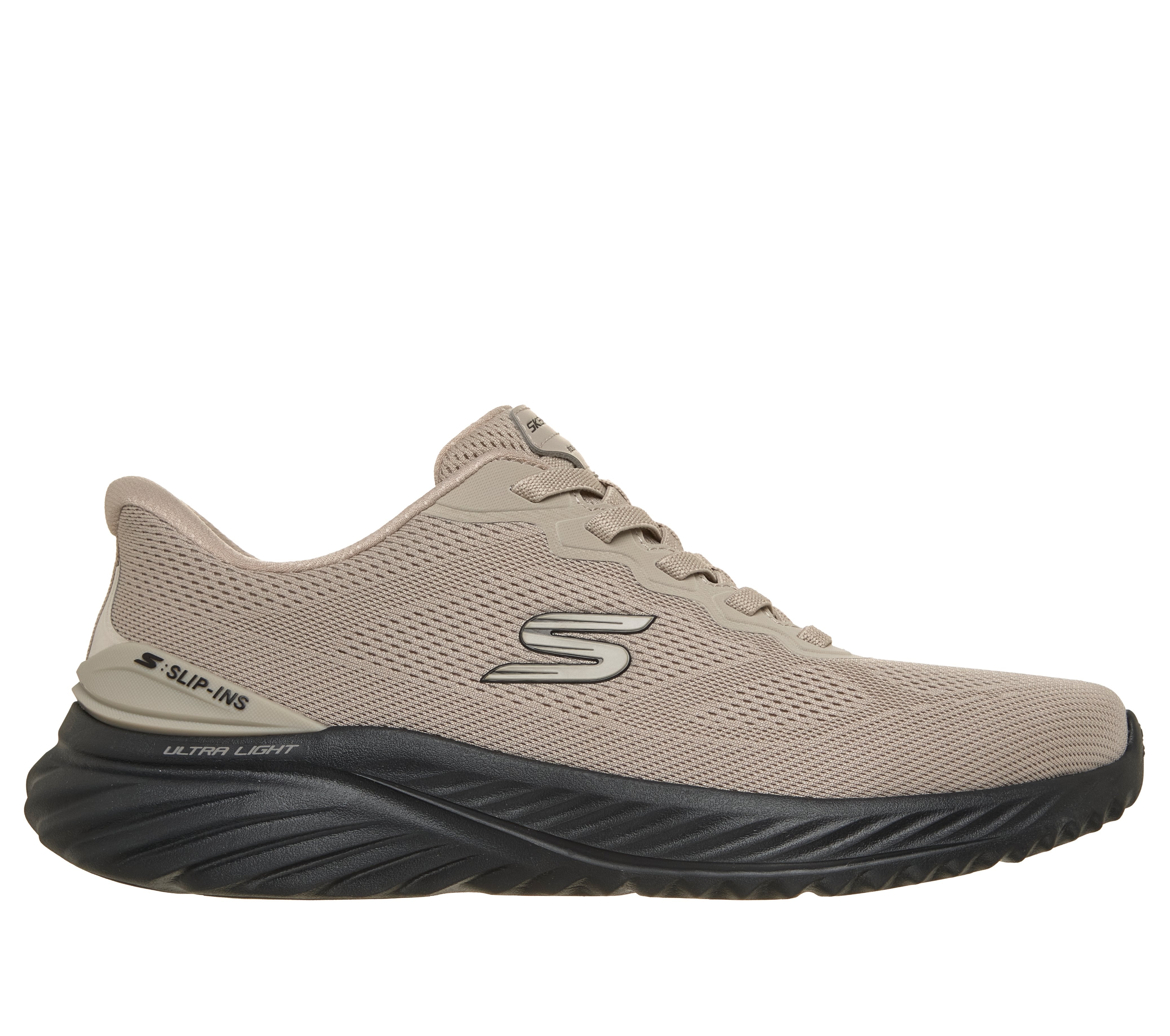 Skechers 233459 Bounder 3.0 - Reocurrence Mens Taupe Black Textile Shoes, front three-quarter view.